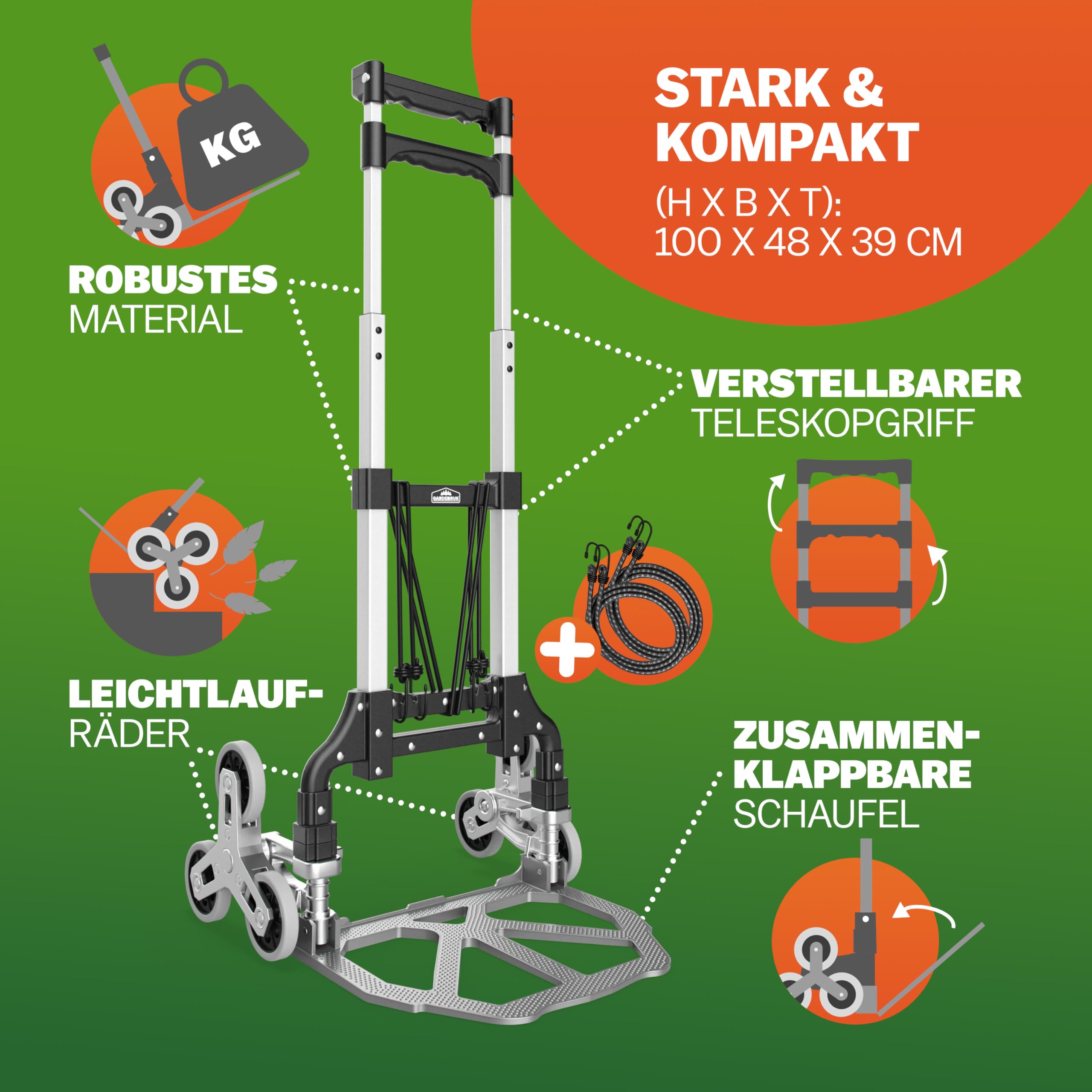 GARDEBRUK® Treppenkarre klappbar - Aluminium Transportkarre mit pannensicheren Reifen - 80 kg Tragkraft - inkl. Handschuhe & Expander - Faltbare Sackkarre für Treppen & Garten