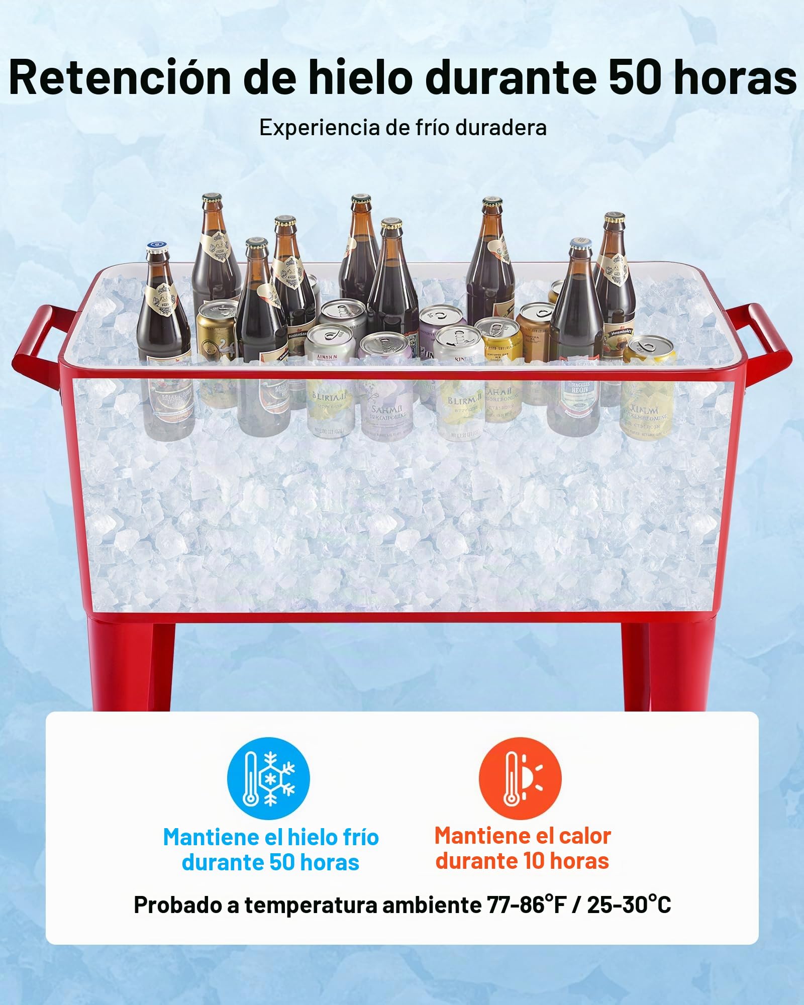 VEVOR Carrito Nevera con Ruedas 75,71 L, Carrito Refrigerador con Abridor de Botellas, Enfriador de Bebidas Portátil para Patios, Camping, Fiestas en Piscina, Exterior, 915 x 465 x 880 mm, Rojo
