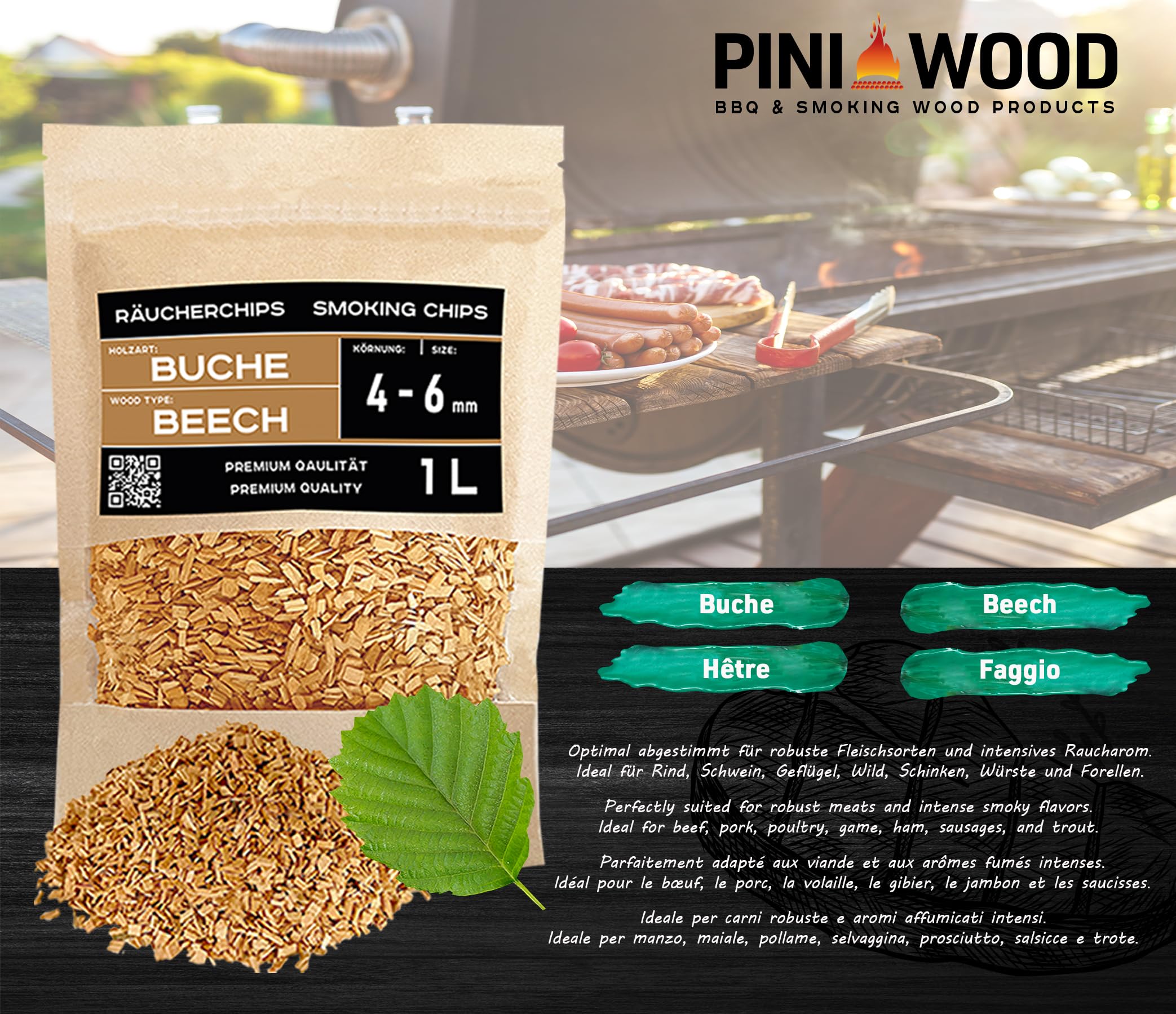 PINI Woodchips Lot de 5 copeaux de fumage de 1 litre Grain optimal 4-6 mm Copeaux de fumage variés Hêtre, Chêne, Cerise, Pomme, Aulne