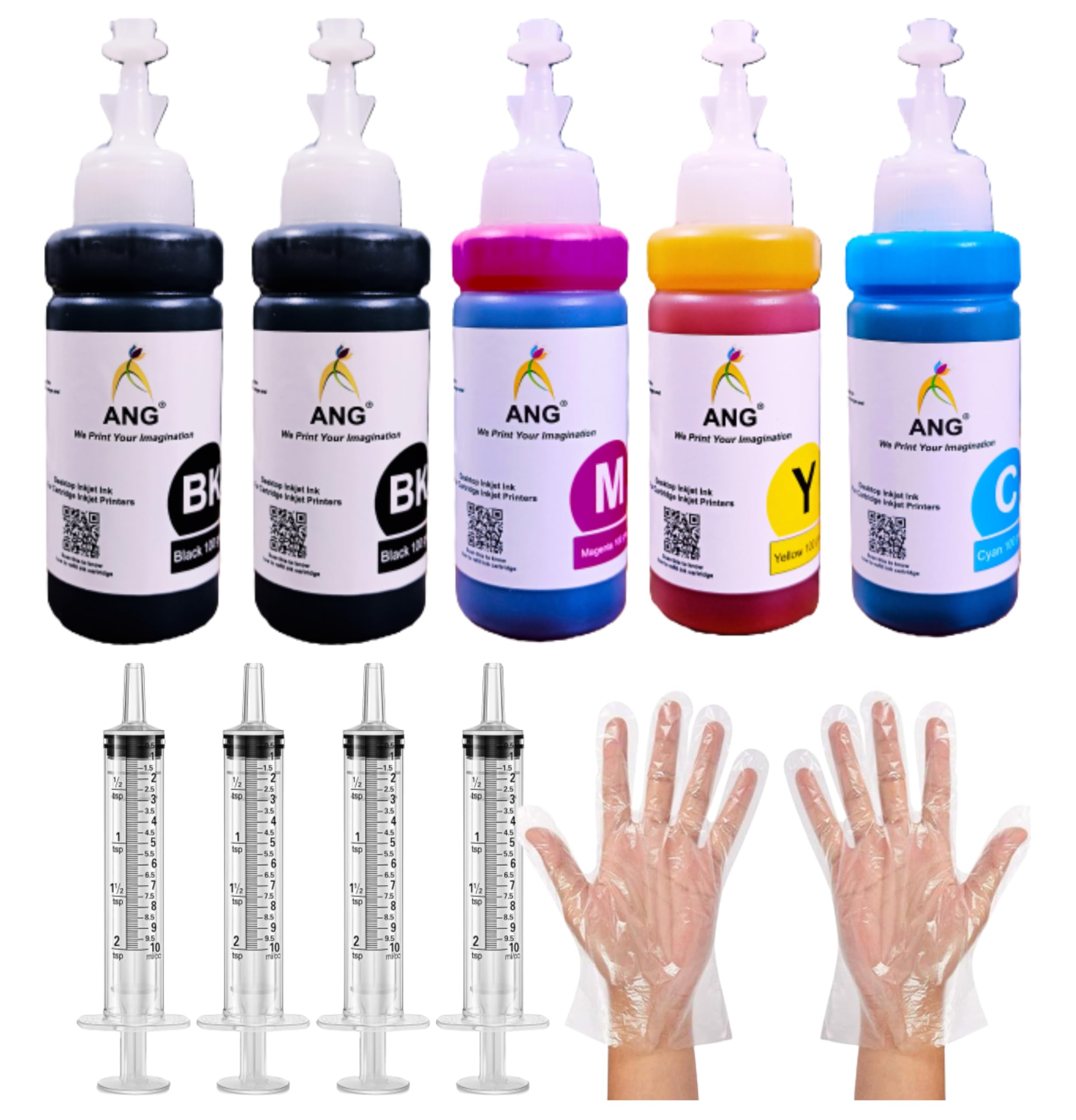 ANG Refill Kit Combo Pack for Inkjet Cartridge Refill Inks – 100g Per Bottle (Cyan, Magenta, Yellow, Black) with Syringe & Gloves