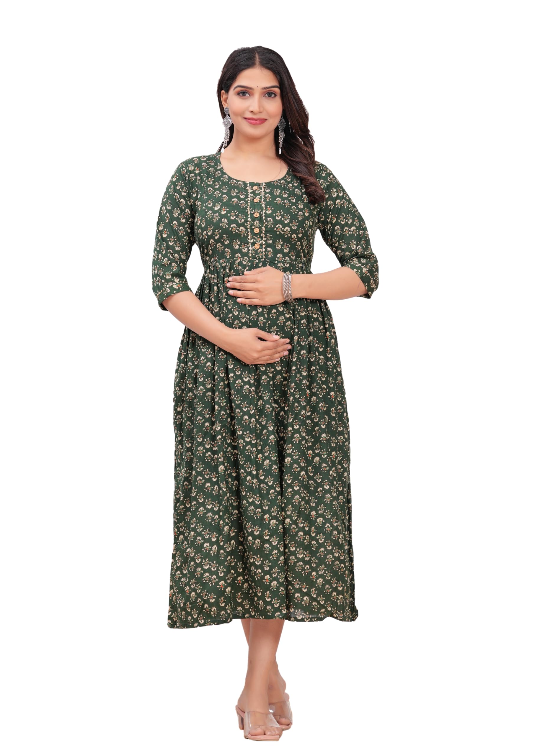Maternity Women Printed Anarkali Dress| Cotton Fabric | Round Neck | Flared A-Line Ethnic Dress (in, Alpha, L, Standard, Green)-image-42