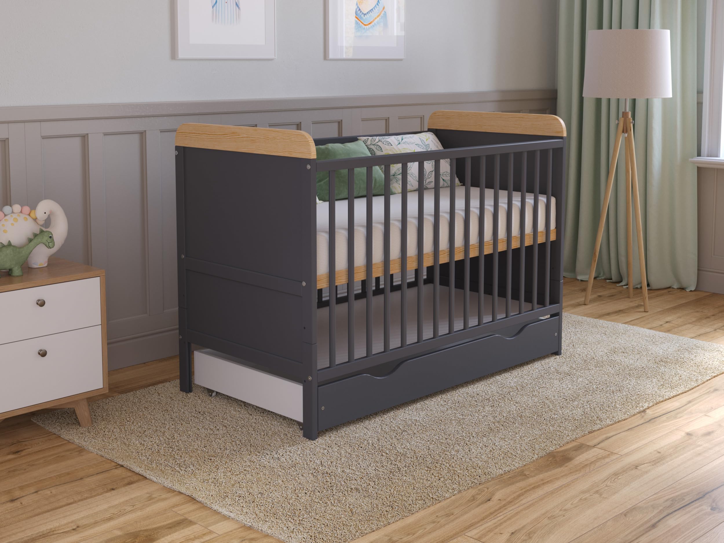 Love For Sleep Culla Neonato Con Materasso & Cassetto 120x60 cm Antracite-Pino - Culla Neonato Legno Con Ruote, Lettino Neonato Legno Completo - Lettino Bambino 0-3 Anni, Culla Lettino Neonato