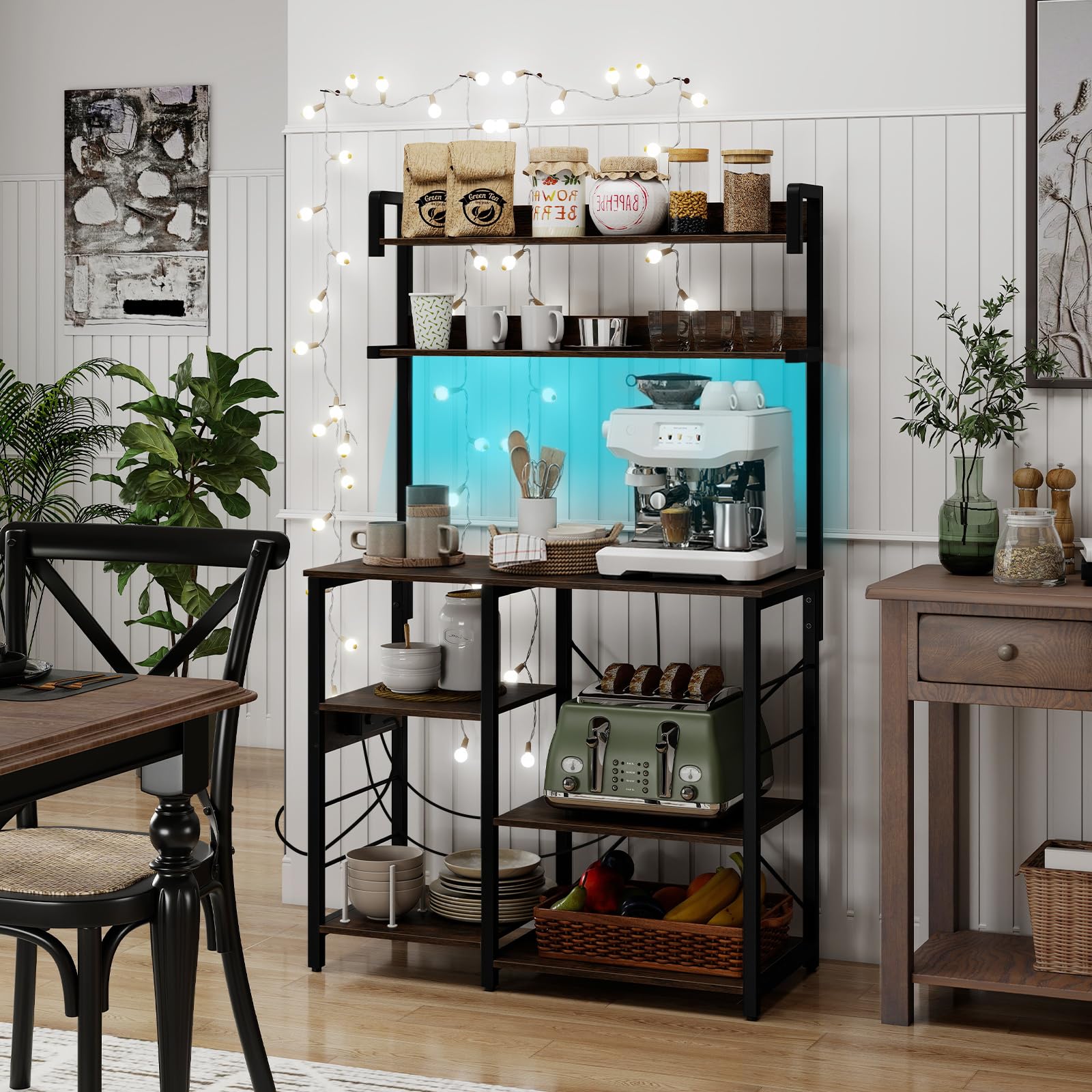 COSTWAY Scaffale da Cucina con Multipresa, Supporto per Microonde a 5 Ripiani con Luci LED, Mensole Portaoggetti, Scaffale Multifunzionale per Cucina Soggiorno Bar, 90 x 40,5 x 147 cm