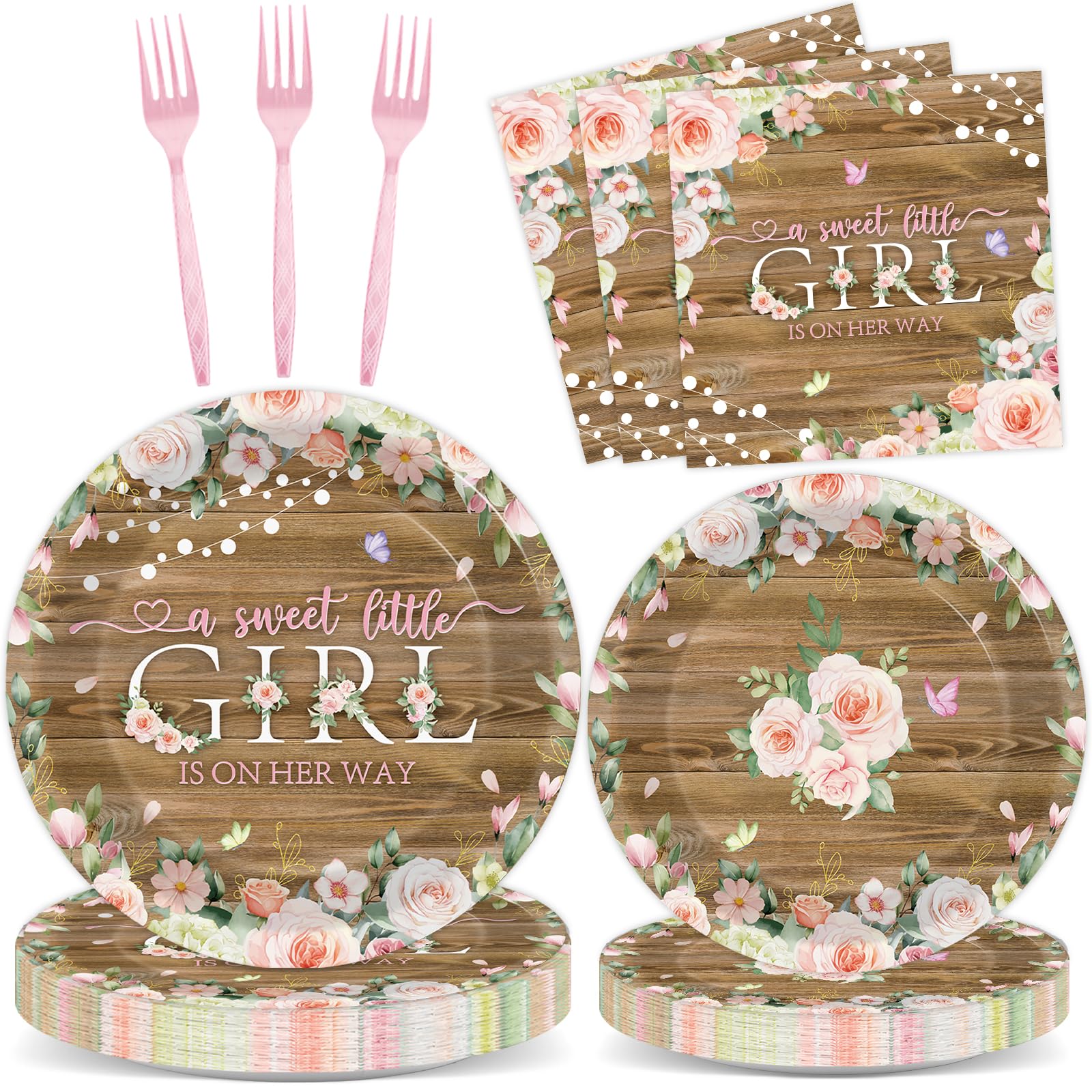 96Pcs Spring Floral Baby Shower Party Decoration Rustic Girl Baby Shower Paper Plates Napkins Pink Flower Birthday Cake Tableware Set for A Sweet
