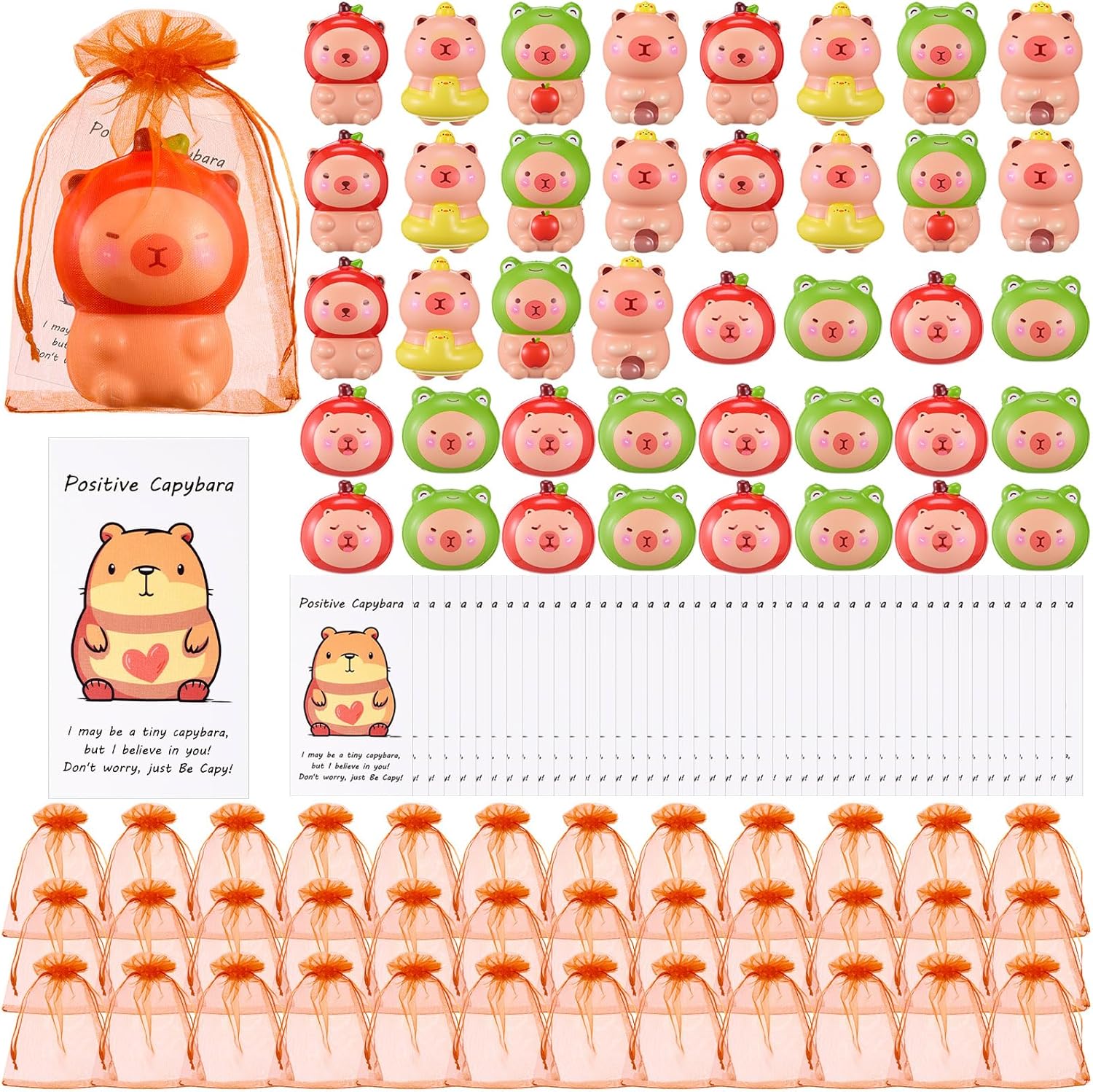 RoundFunny 30 Set Capybara Party Favors Positive Capybara Squeeze Stress Balls with Cards & Bags Mini Animal Stress Relief Toy Bulk for Employee Appreciation Gifts Adult Kid Birthday Decor (Colorful)