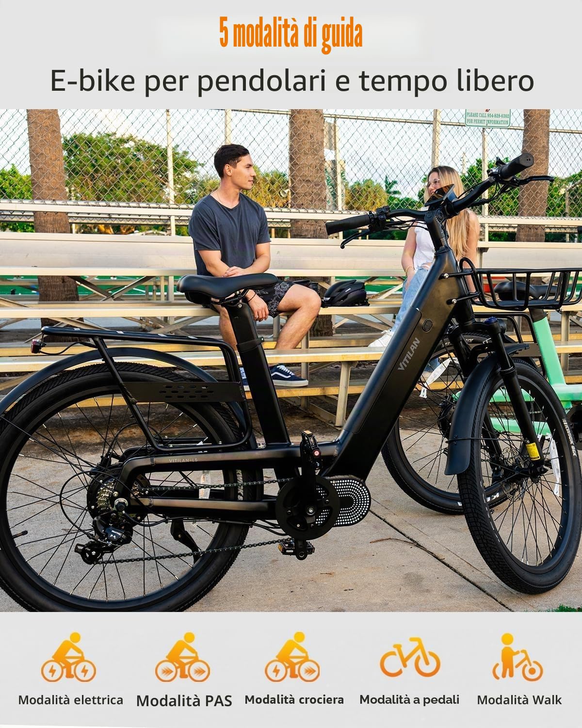 VITILAN L5 Nera Bici Elettrica per Adulti,con Sensore di Coppia, Bici Elettrica Uomo Donne e Uomini 26",Motore 250W, Fino a 25 Km/h,Batteria 15 Ah 720 Wh, Cestino Anteriore e Freni Idraulici