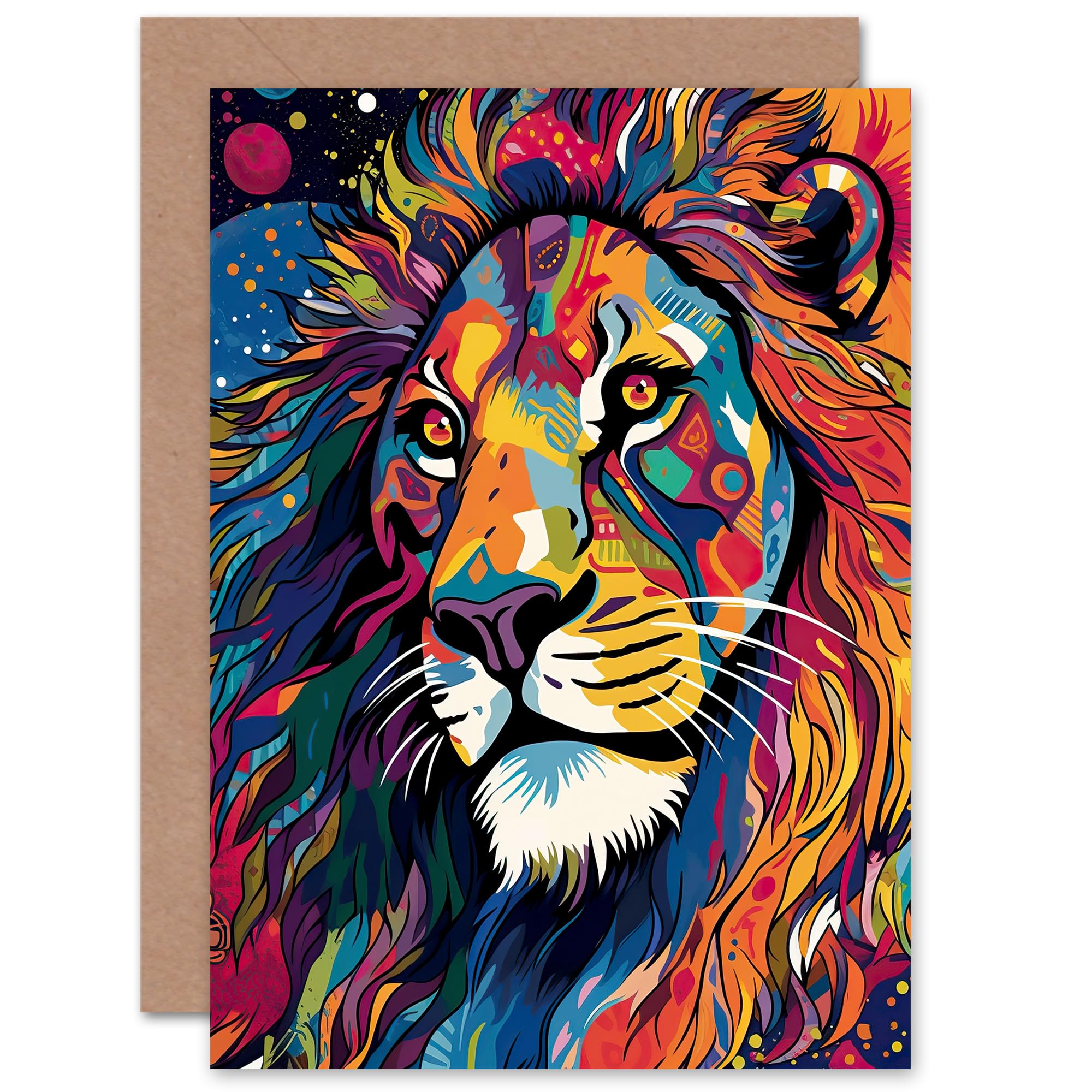 Artery8 Jungle Lion Psychedelic Folk for Husband Him Dad Son Brother Birthday Congratulations Fathers Day Blank Art Greeting Card