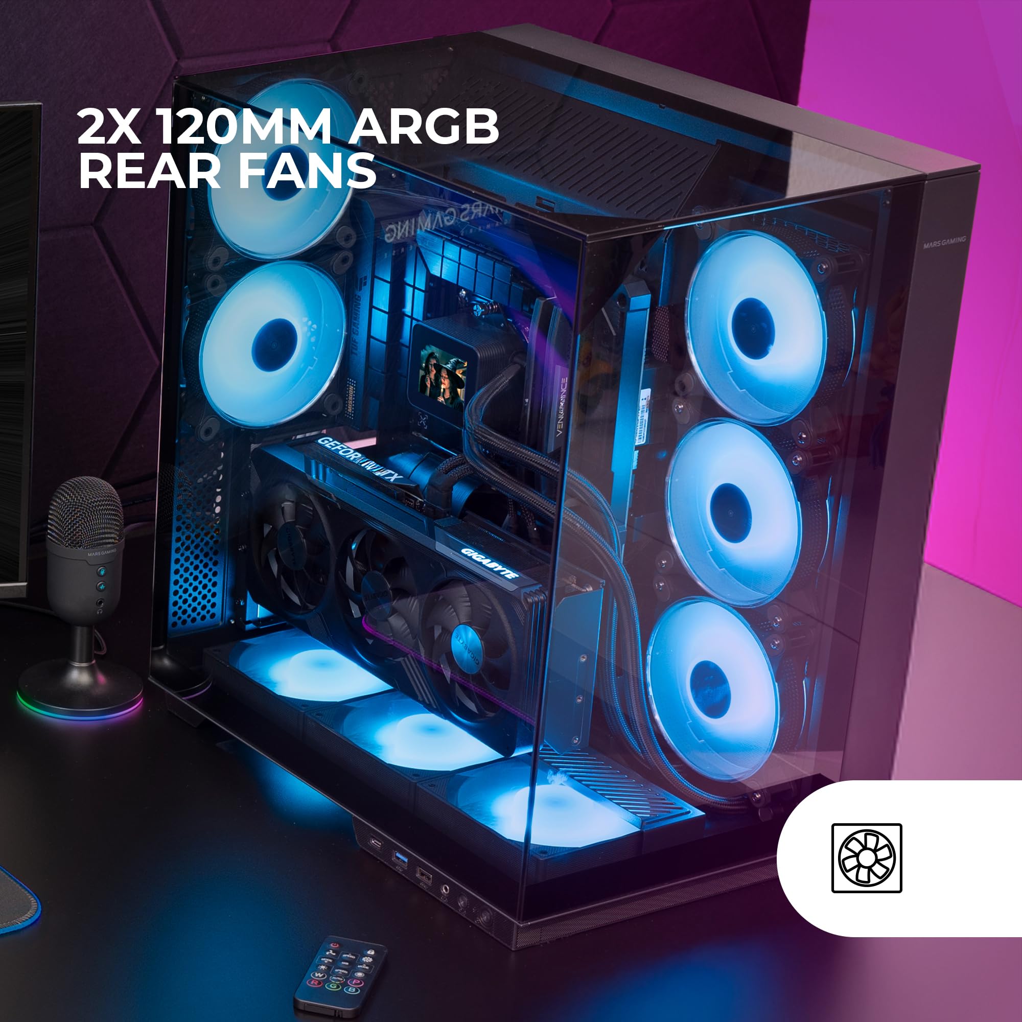 Mars Gaming MC-3GF, Case da Gioco ATX, Triplo Vetro Temperato, 2X Ventole ARGB Posteriori da 120 mm, Supporto verticale per Schede Grafiche, PC Tower Raffreddamento a Liquido fino a 360 mm, Nero