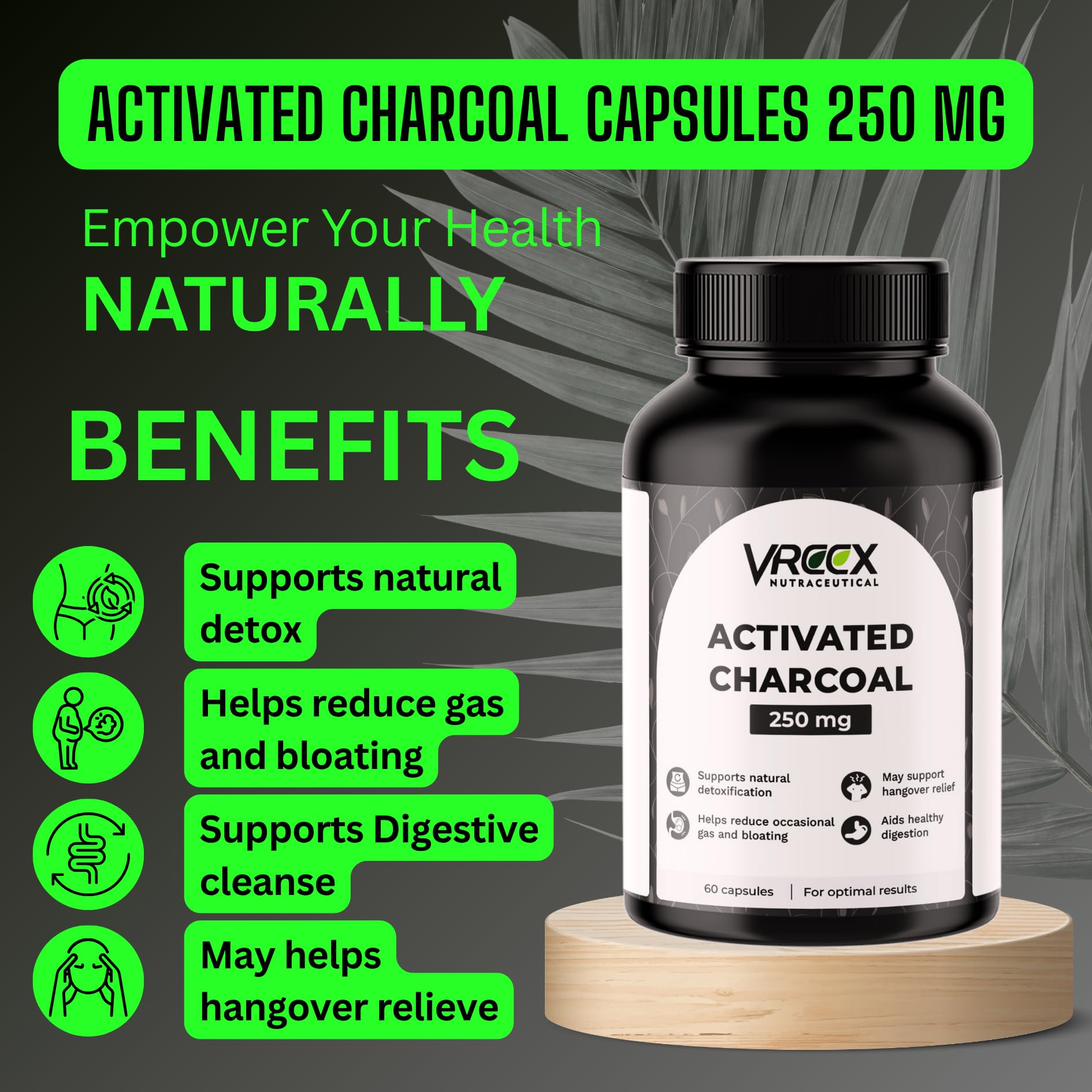 VREEX Activated Charcoal 250 mg – Supports Natural Detox, Helps Reduce Gas & Bloating and Digestive Cleanse (60 Veg Capsules) 2