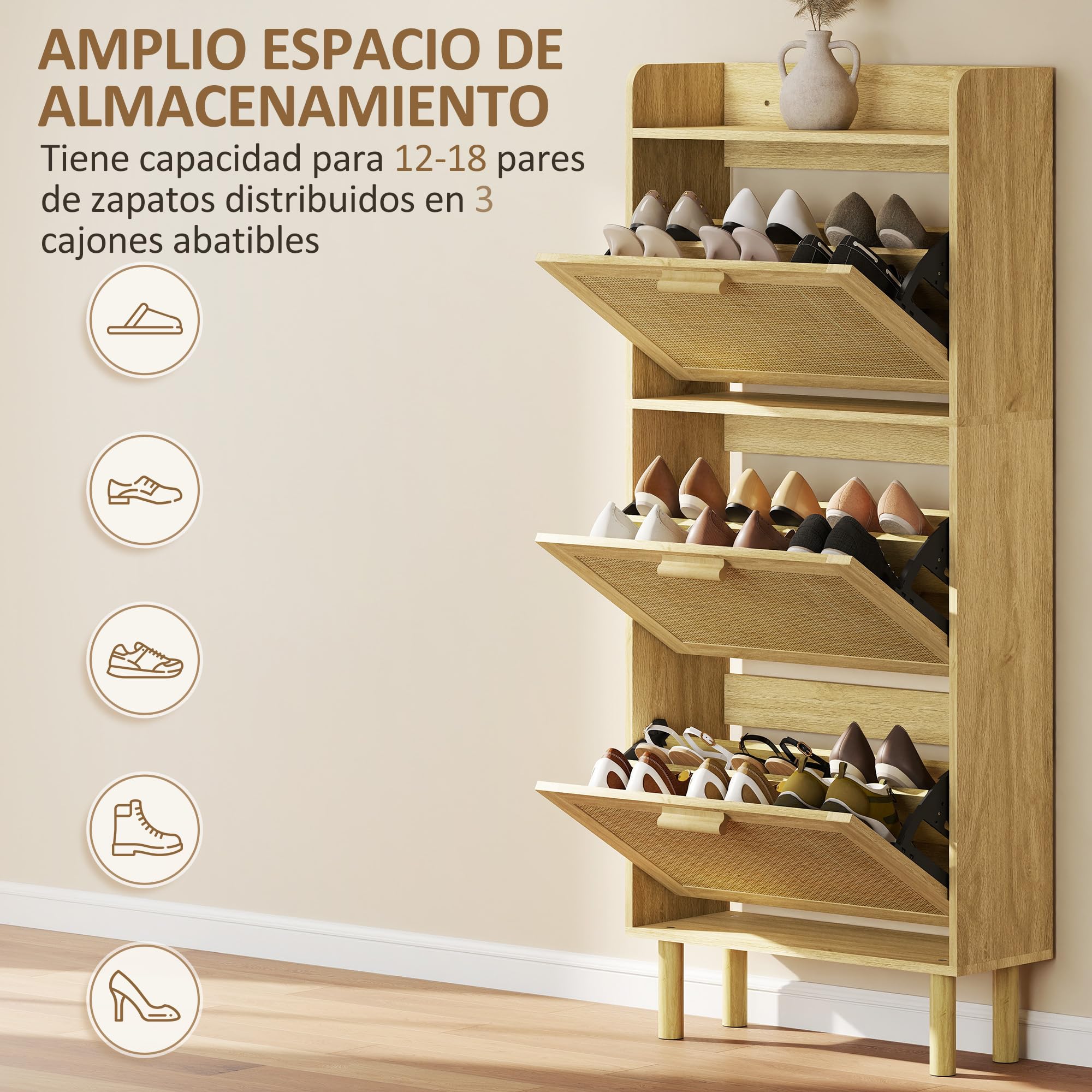 HOMCOM Zapatero Estrecho con 3 Cajones Abatibles, Zapatero de Recibidor Entrada con Estante Abierto, Patas de Madera, para 12-18 Pares de Zapatos, 65x24,5x153 cm, Roble