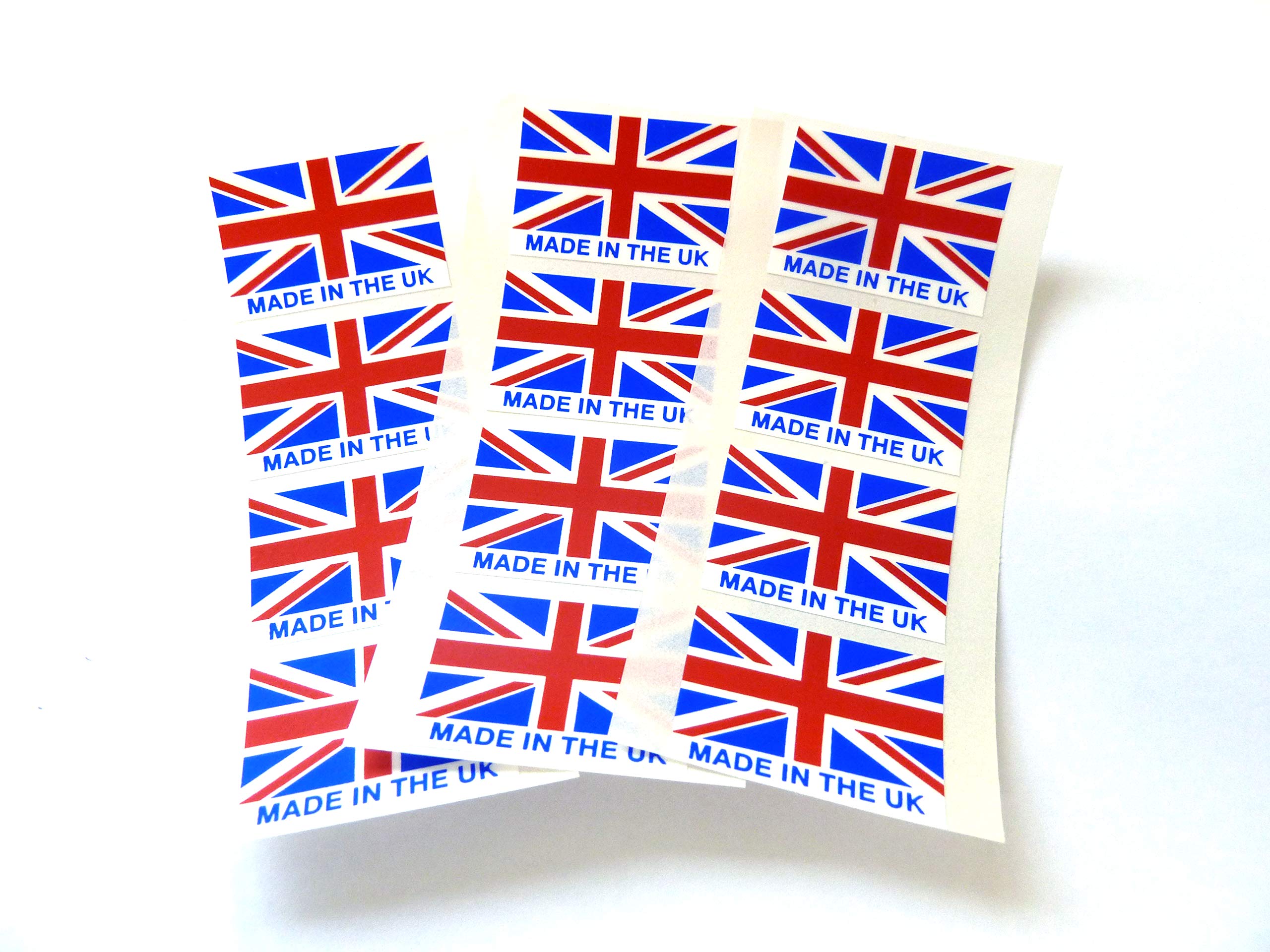 Minilabel Pack Of 12 Vinyl, Plastic British, Union Jack Flag Stickers, Great Britain Gb Labels With 'Made In The Uk' Text