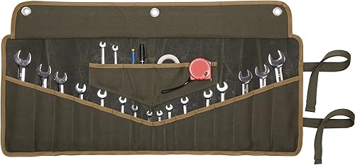 Rollo de herramientas de llave, bolsa de lona encerada resistente de 16 onzas con 16 bolsillos, ojales de metal y cuerda de amarre, bolsa enrollable