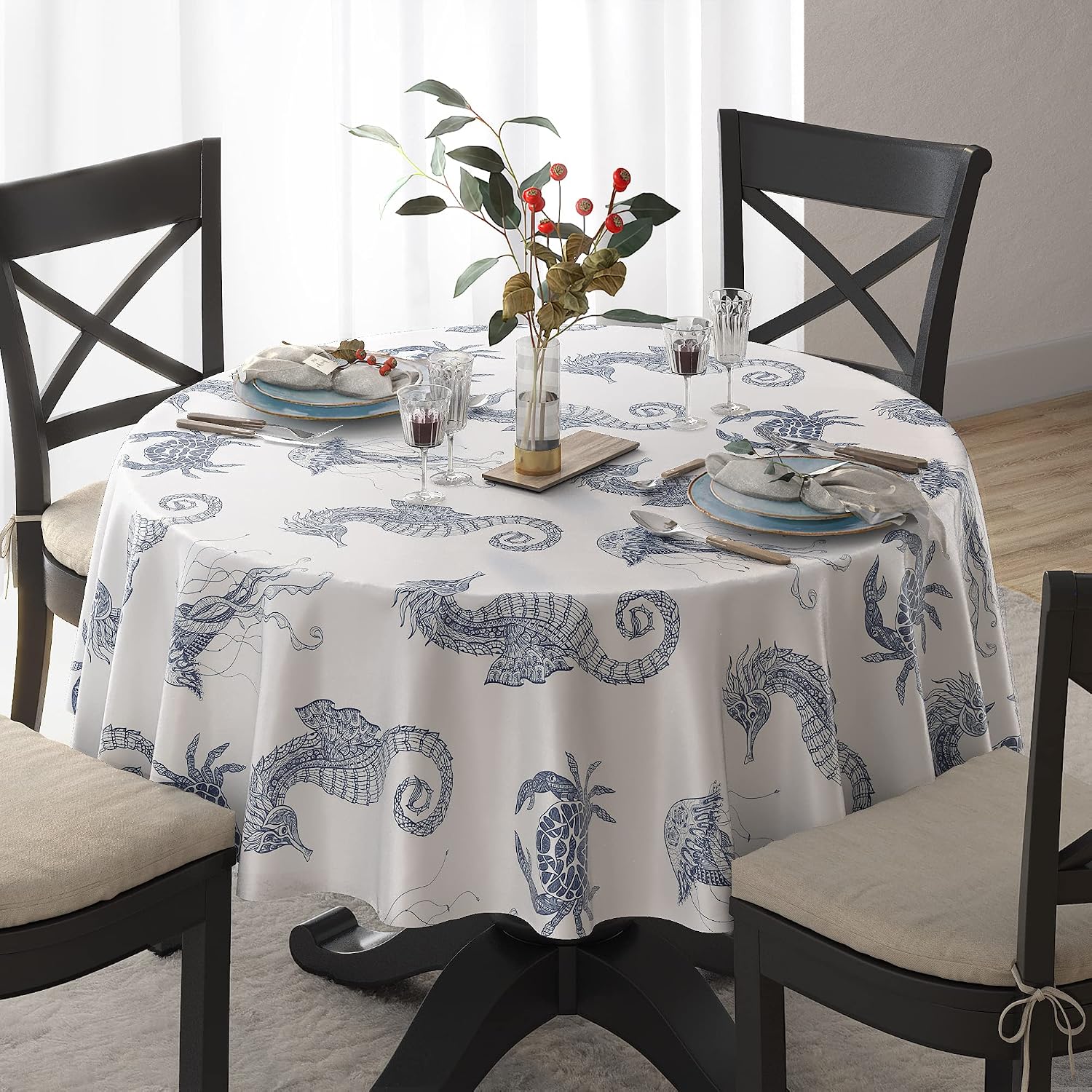 AELS Vinyl Coated Fabric 60 Inches Round Tablecloths, Waterproof Oil-Proof Stain Resistant Washable Table Cloth, Decorative Printed Table Cover for Dining Room, White and Blue Ocean Creatures