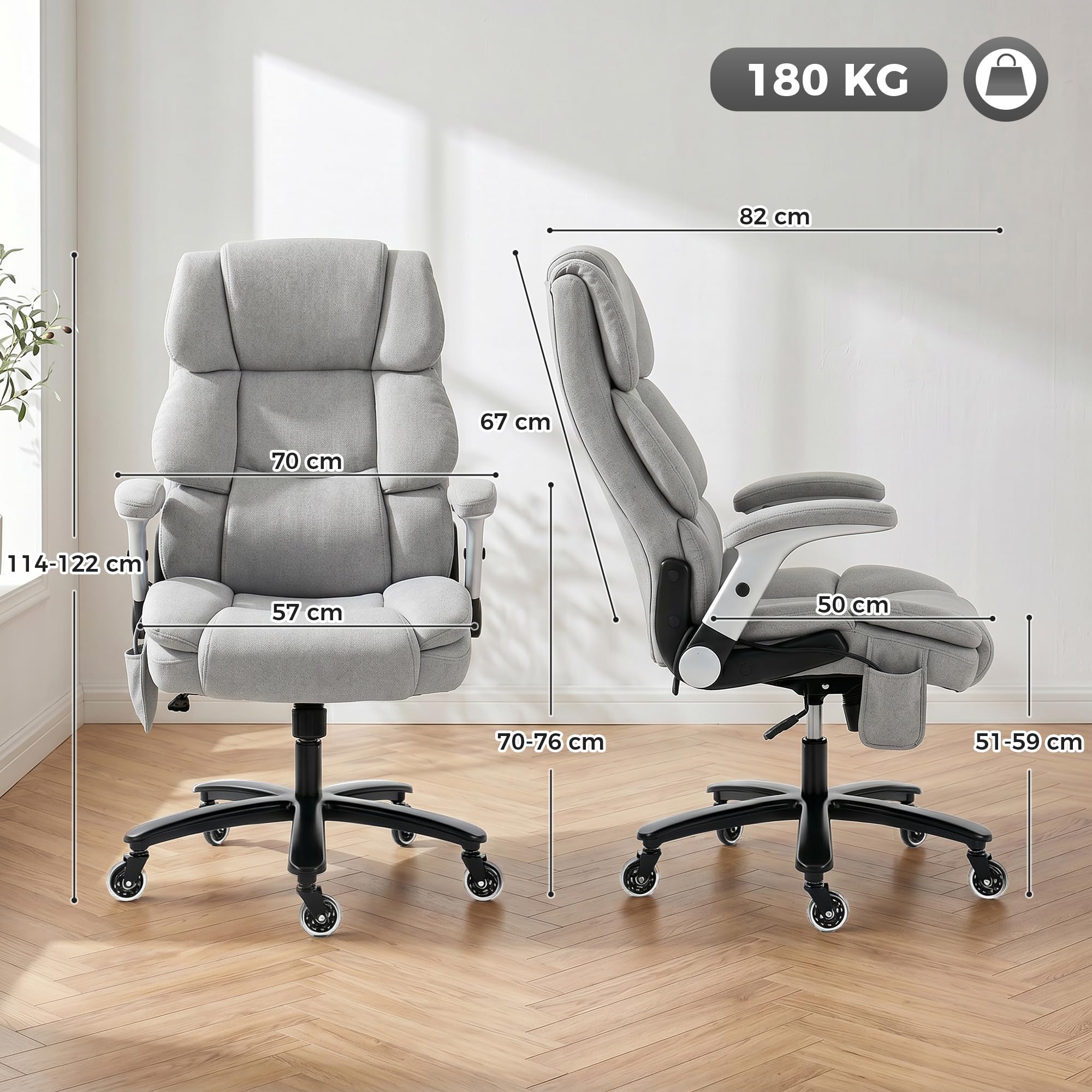 HOMCOM Bürostuhl Ergonomischer Chefsessel Wippfunktion 180 kg Hellgrau | Hochklappbare Armlehnen, Breiter XXL Sitz, Höhenverstellbarer Schreibtischstuhl, Airbag-Lendenstütze, Drehstuhl