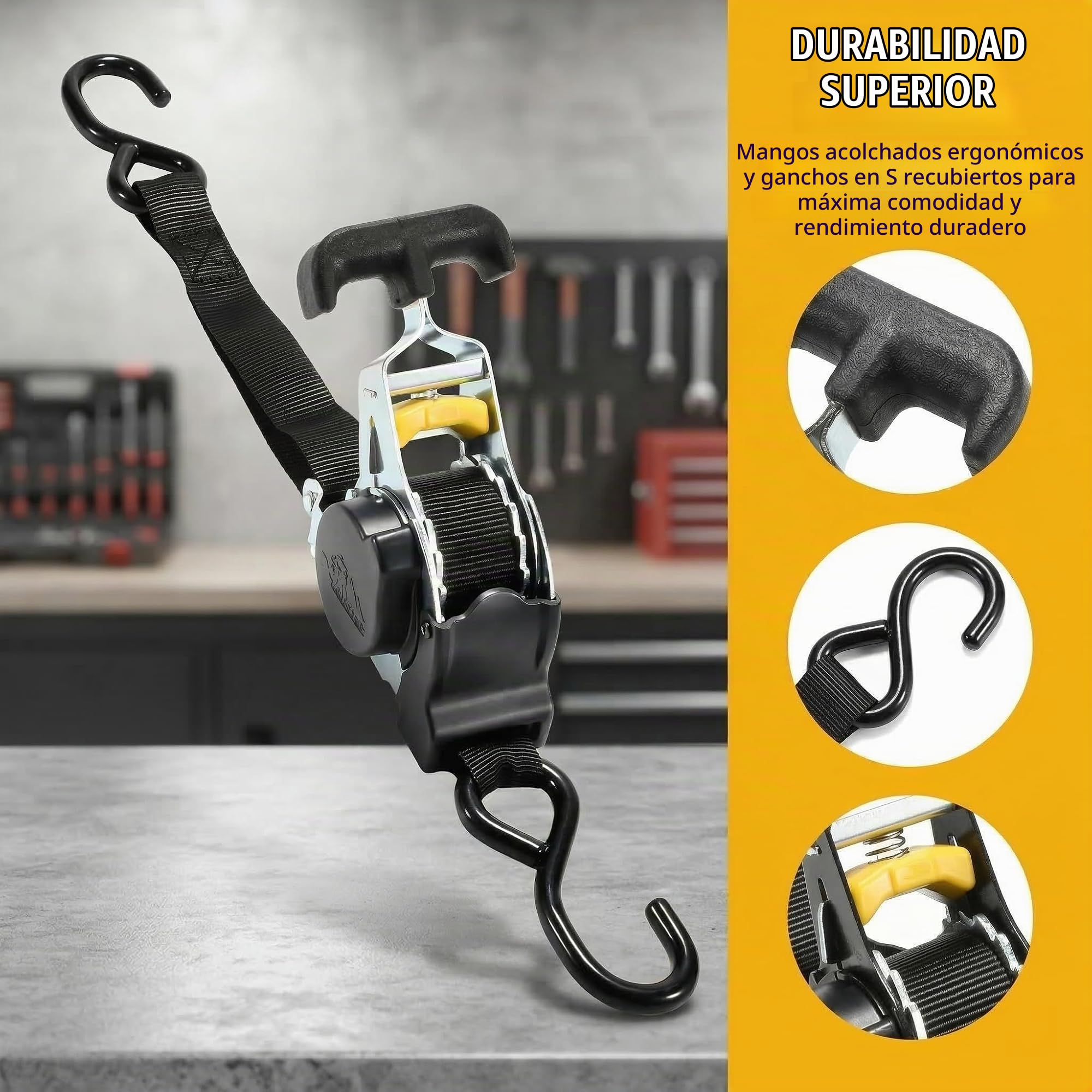 Cinchos Retráctiles con Trinquete 2 Unidades, 3,3 m, Cinchas | Carga de Rotura 680 kg, de Amarre para Coche Moto Furgoneta Equipaje, 2 Estilos Diferentes