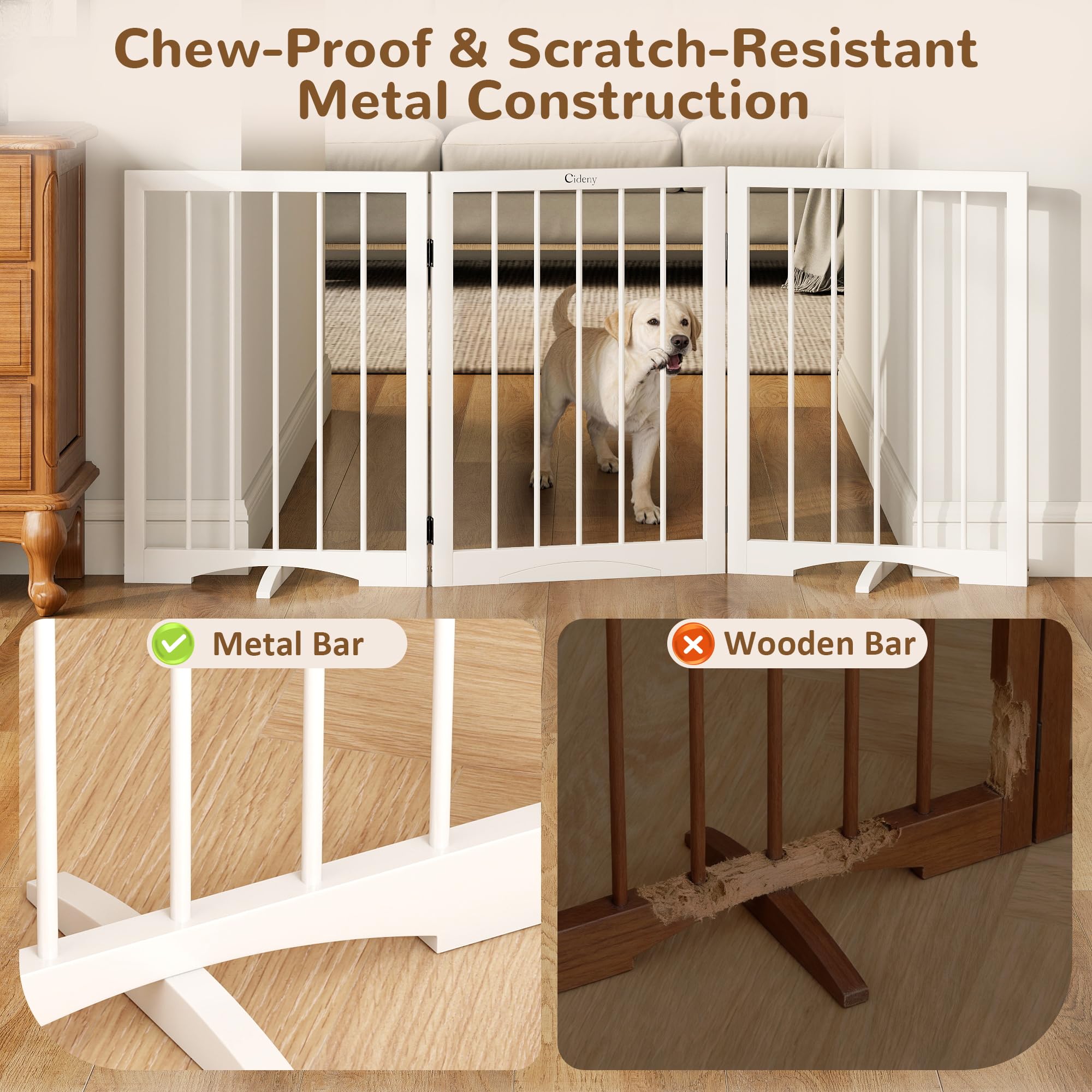 Cideny Free Standing Dog Gate Indoor, Foldable Dog Gate for Doorways Stairs Hallways, 3-Panel Freestanding Pet Gate with Support Feet for Stability, Folding Puppy Gate Easy to Move, Doggy Gate 54"x24" — view 6