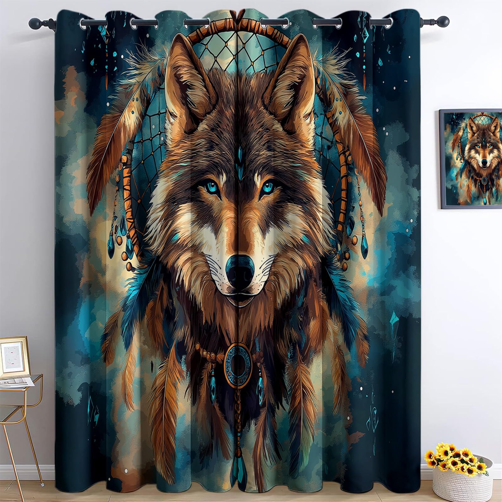 Generisch Blickdicht Vorhang Ösenschal Verdunkelungsvorhang 3D Traumfänger Wolfskopf Gardinen Kinderzimmer Wohnzimmer Thermovorhang Polyester H183 x B117 cm 2Er Set
