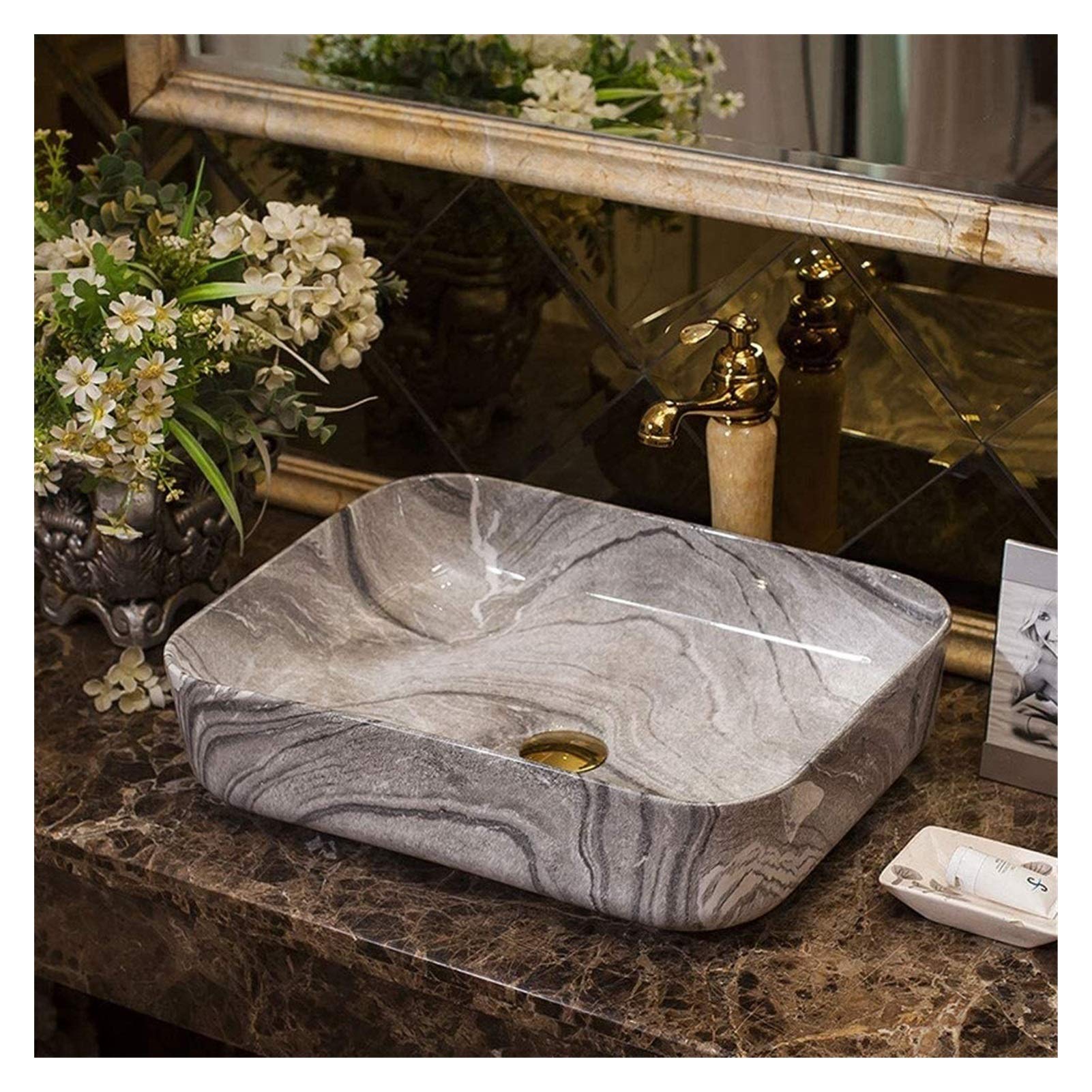 OLSKFUH Bathroom Bar Vanity Vessel Sinks Above Counter Porcelain Bathroom Cloakroom Vessel Sink With Faucet, Ceramic Countertop Artistic Sink Bowl,