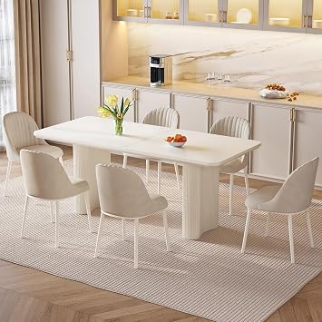 Miuuod Kitchen Table Set with 6 Chairs for 4-8 People,Dining Room TableSet for Kitchen Dining Room Furniture with Upholstered PU Chairs,Stable Frame,Cream White