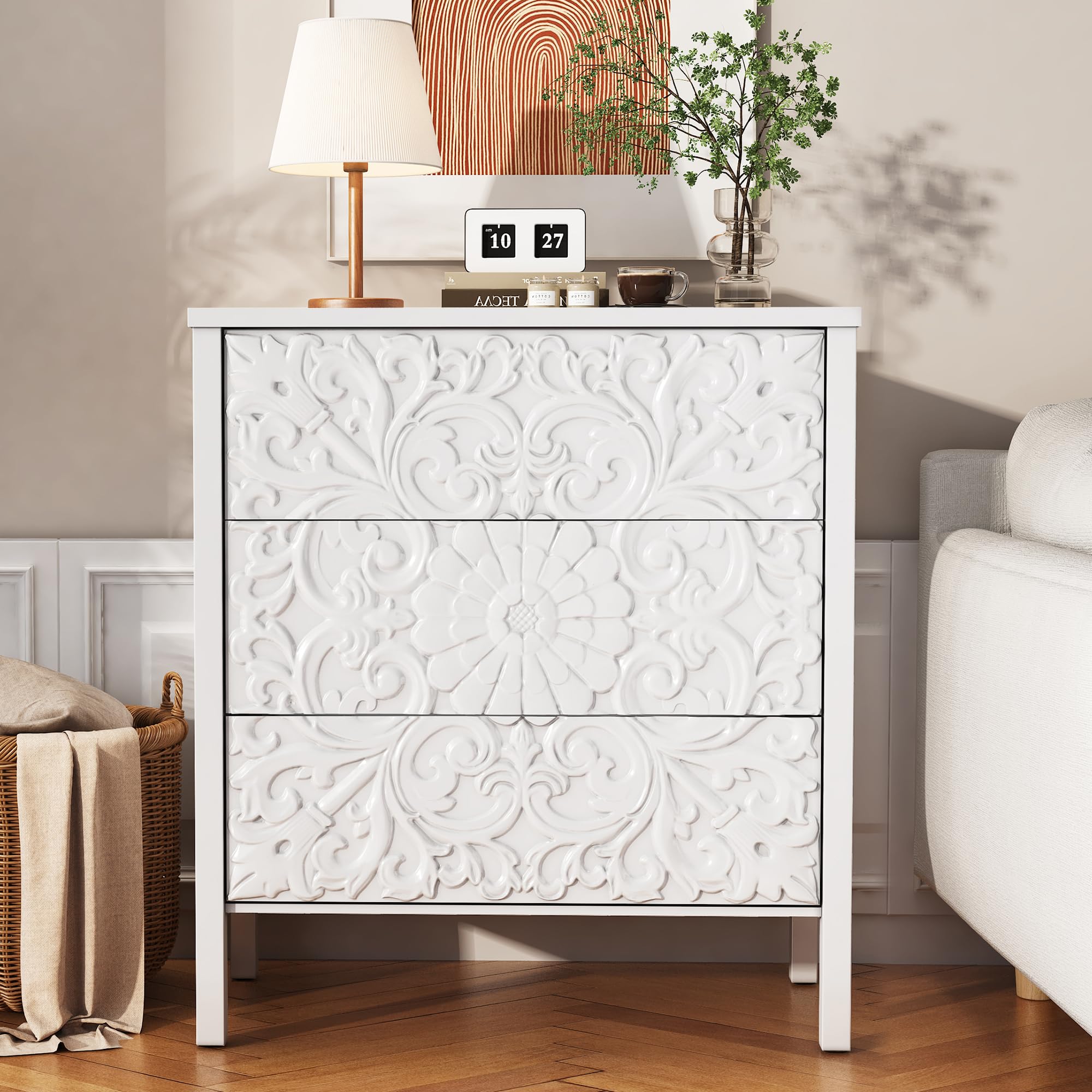 PHOYAL 3-Drawer Dresser Chest, Modern Wooden Flower Motif Dressers with Wide Storage Space Chest of Drawers Bedside Nightstand Dresser Closet for Living Room Bedroom, Hallway (White)