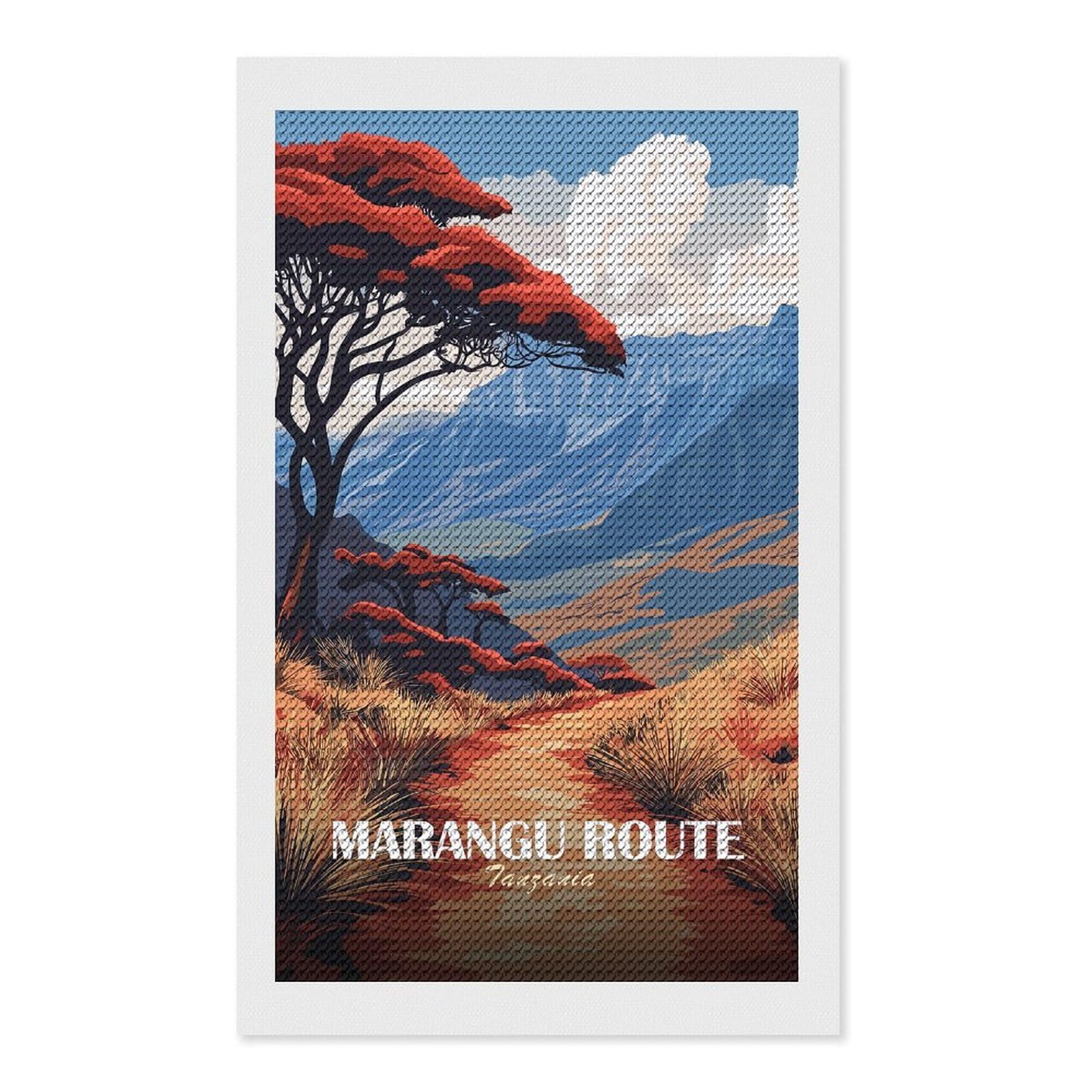 Junmoney Marangu Route Tanzania Landscape Illustration Diamond Painting Canvas Set 12"x20", for Women, Pleasing Wall Art Project, Aesthetic Room Decor, Gift Idea