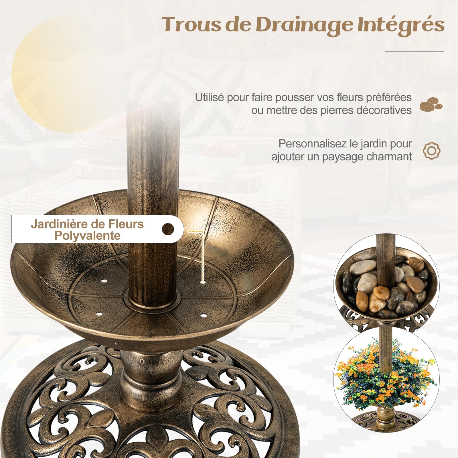 GOPLUS Bain Oiseuax Sauvages sur Pied, Fontaine Oiseaux Exterieur, Bronze | Abreuvoir en PP, dim. Ø43x110H CM, Base Remplissable et 3 Piquets, 2 Lampes à Solaire, Antique Décoration pour Jardin, Cour