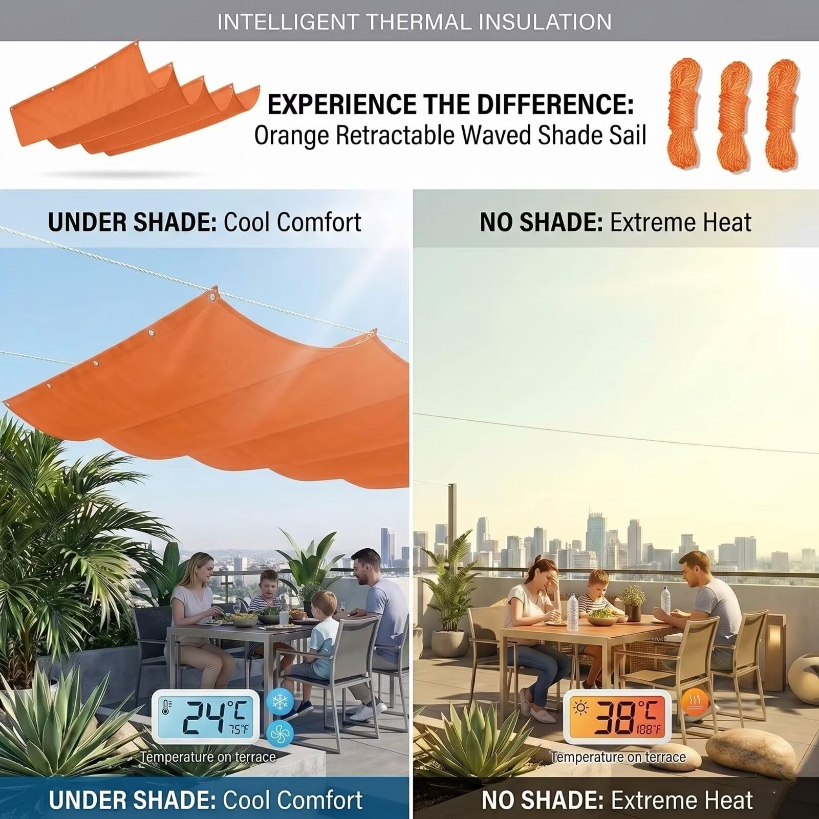 Ombrage Terrasse Extérieur 140x550cm Orange Voile-D'ombrage Rétractable Imperméable,Bâche Ombrages Vague Haute Densité,Idéal pour Pergola,Balcon,Abri de Voiture