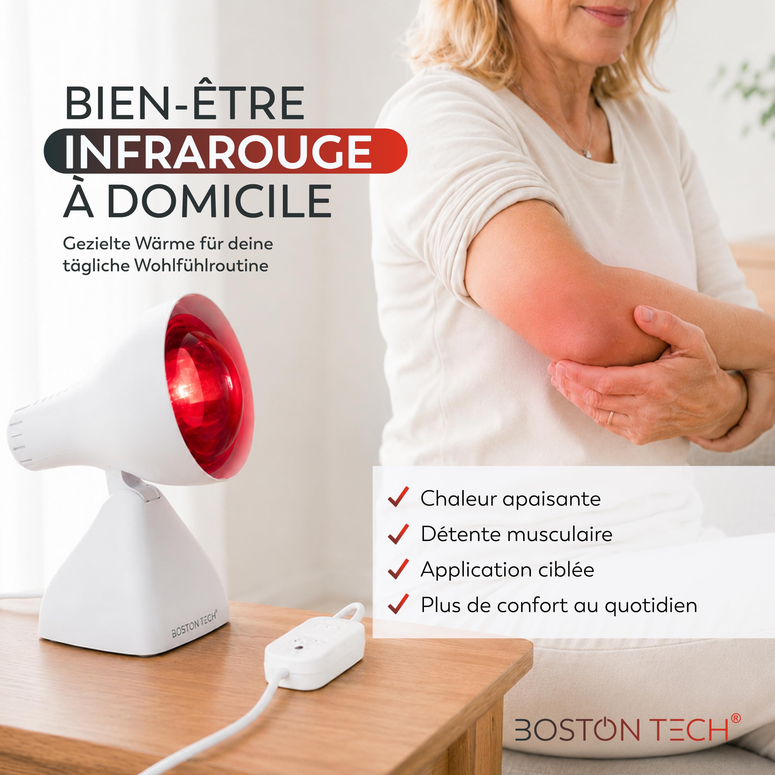 Boston Tech WE122 Lampe de physiothérapie de table infrarouge puissance 200 W soulagement des douleurs et tensions musculaires 3 niveaux d'inclinaison Minuterie et protection des yeux