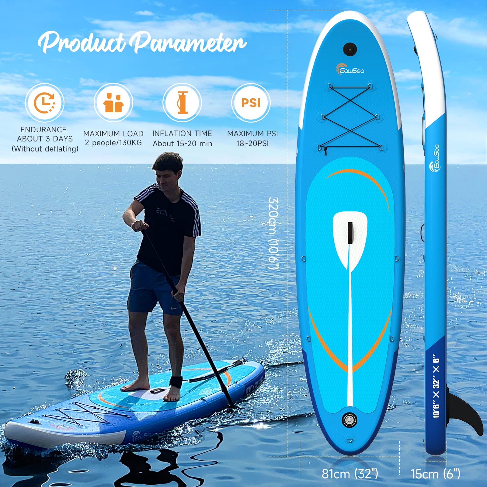 Planche SUP Gonflable EawSea 320x81x15 Cm – Adultes 120 Kg, Avec Pompe, Pagaie, Sac, Support GoPro Et Laisse
