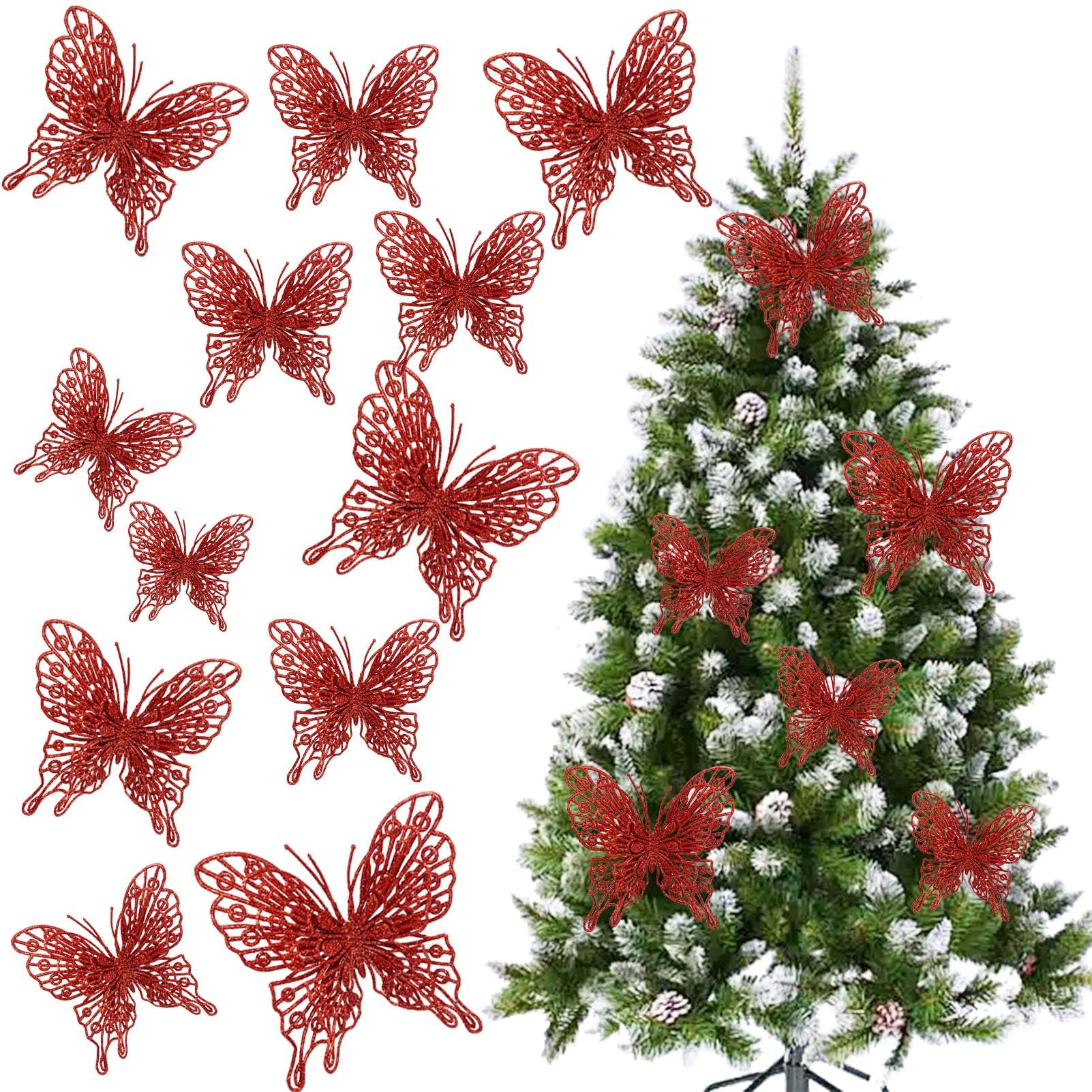 LWINGFLYER Red Christmas Tree Butterfly Ornaments Glitter