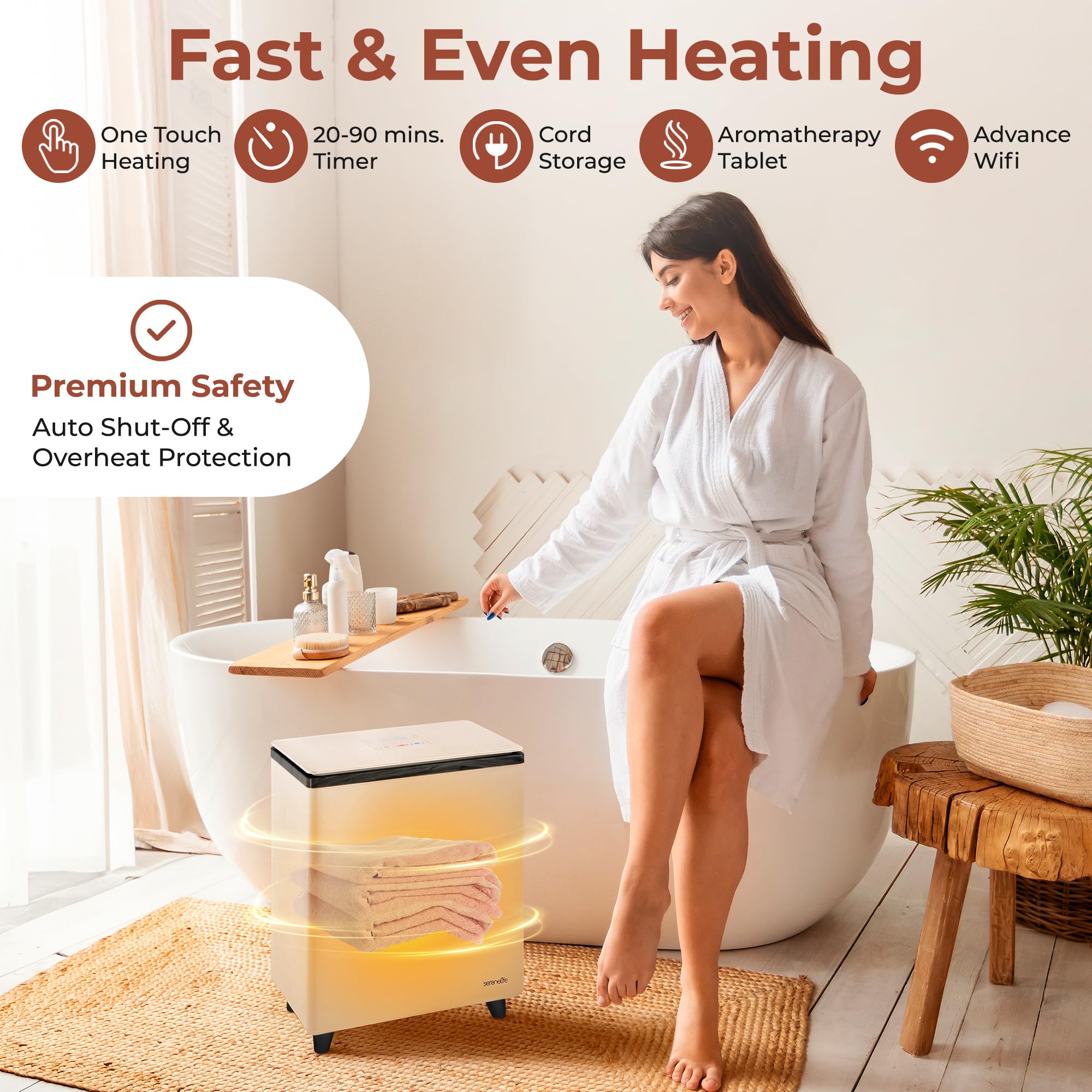 SereneLife SLTLR560W Secchio scaldasalviette rettangolare – Grande capacità singolo tocco asciugamano e coperta scalda con funzionalità WiFi integrata (nero), Taglia unica