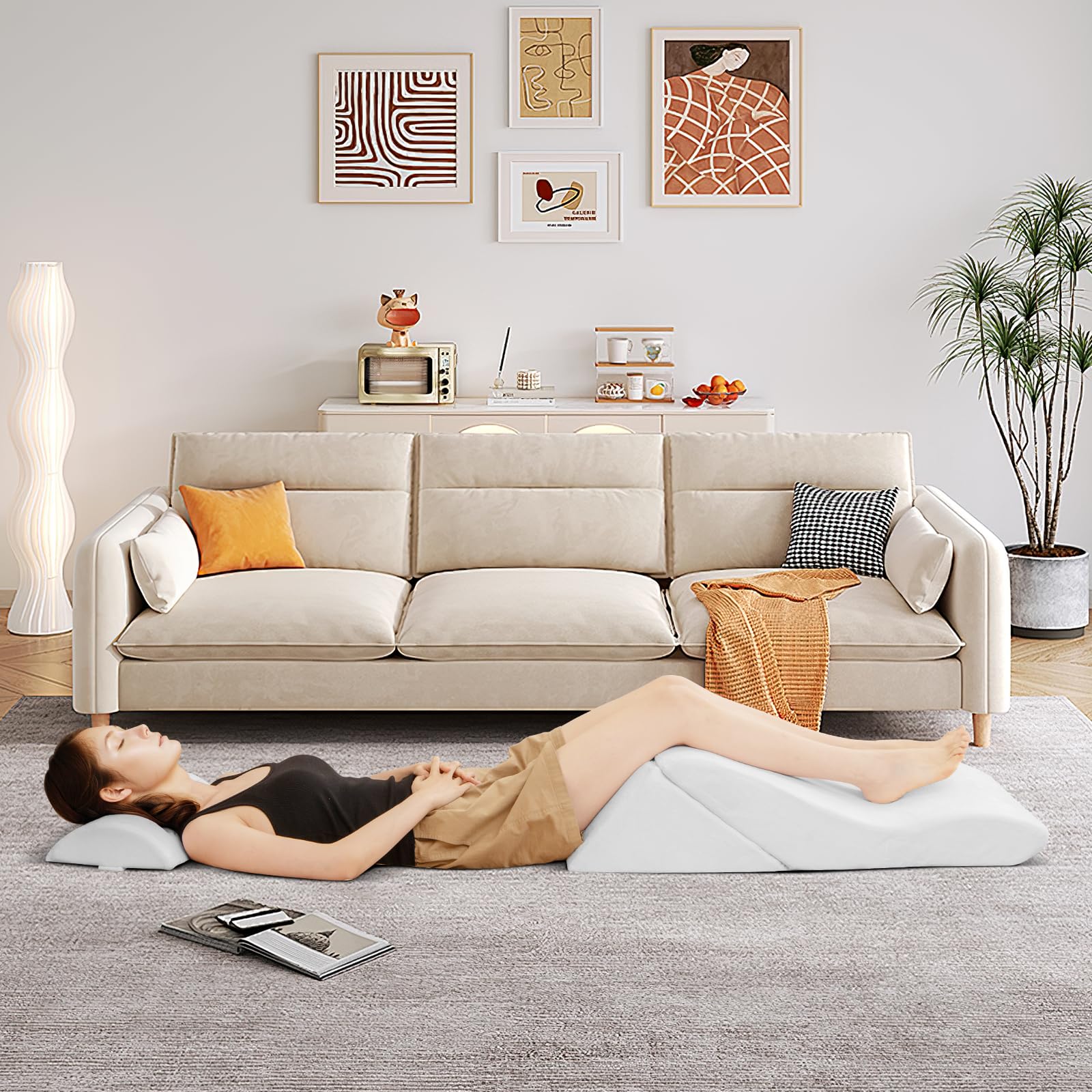 COSTWAY Lesekissen für Bett und Sofa, Venenkissen zum Beine hochlagern, 3-teiliges orthopädisches Keilkissen-Set nach Operationen gegen Schnarchen, Sodbrennen & Rückenschmerzen, Weiß