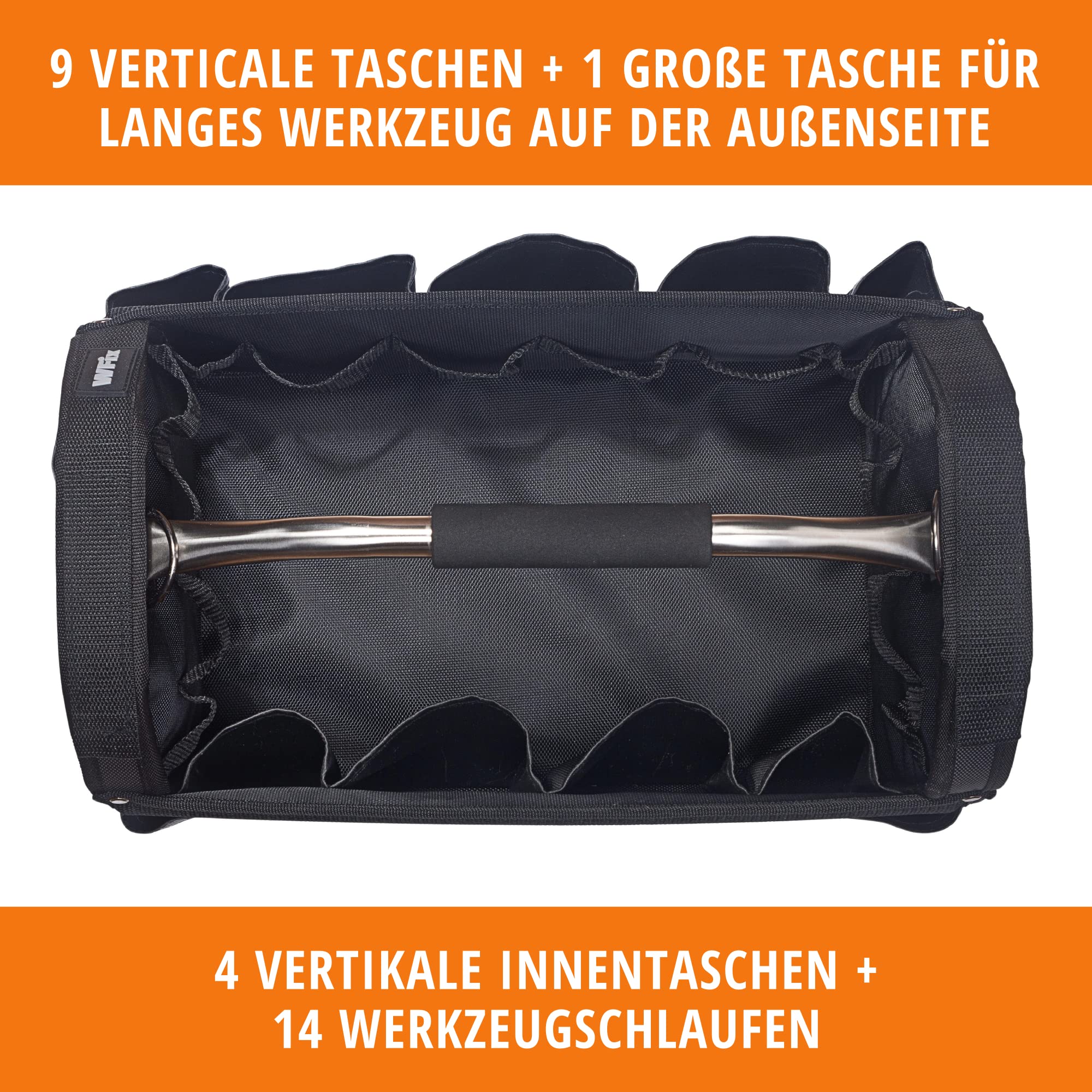Wfix Bolsa de herramientas profesional vacía abierta, tamaño L – 44 x 24 x 32 cm | Portaherramientas de poliéster D900 con asa de acero inoxidable y correa ajustable para el hombro