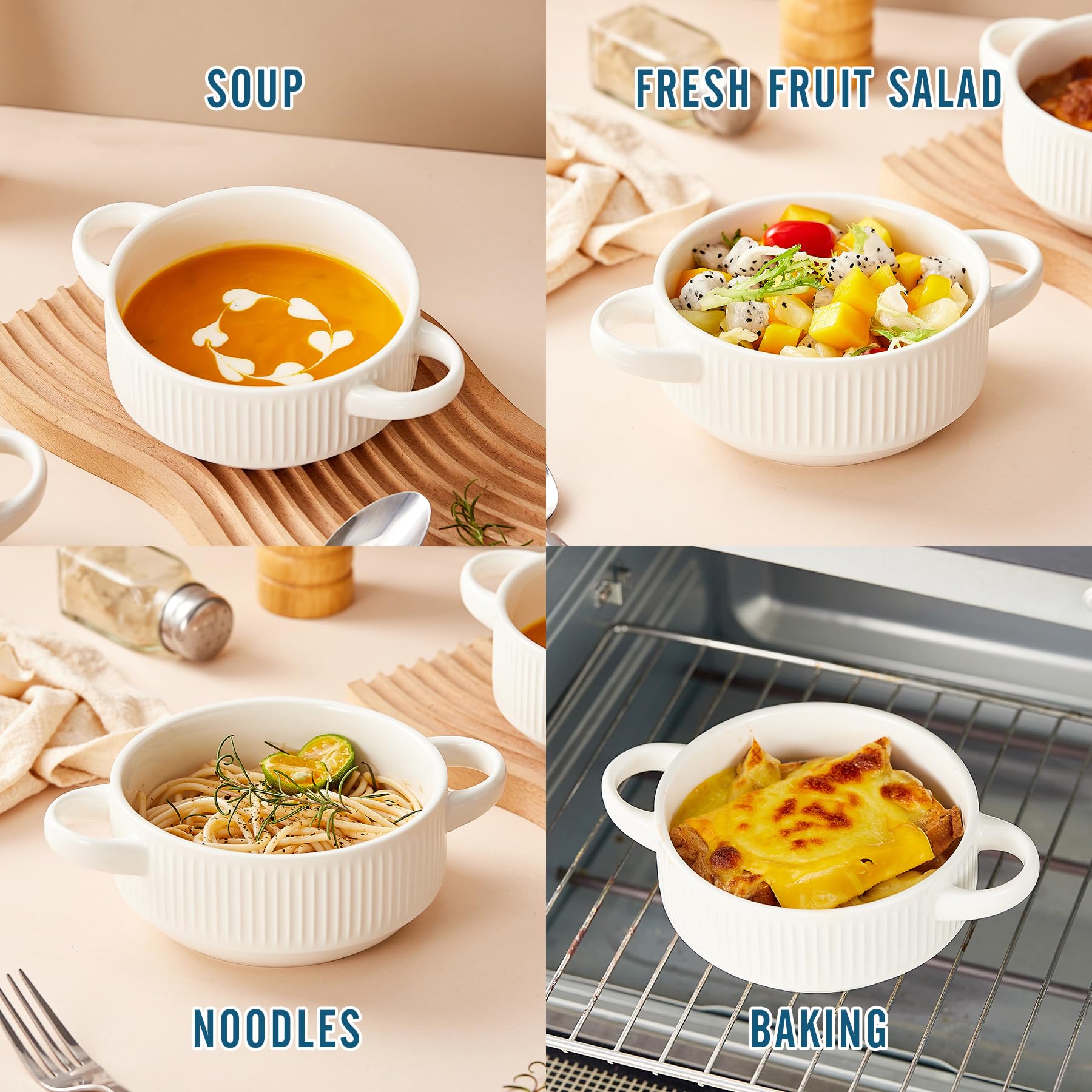 LE TAUCI 20 Oz Soup Bowls With Handles - Oven Safe Ceramic Crocks, Set Of 4, Embossed White (5.4 Inch)