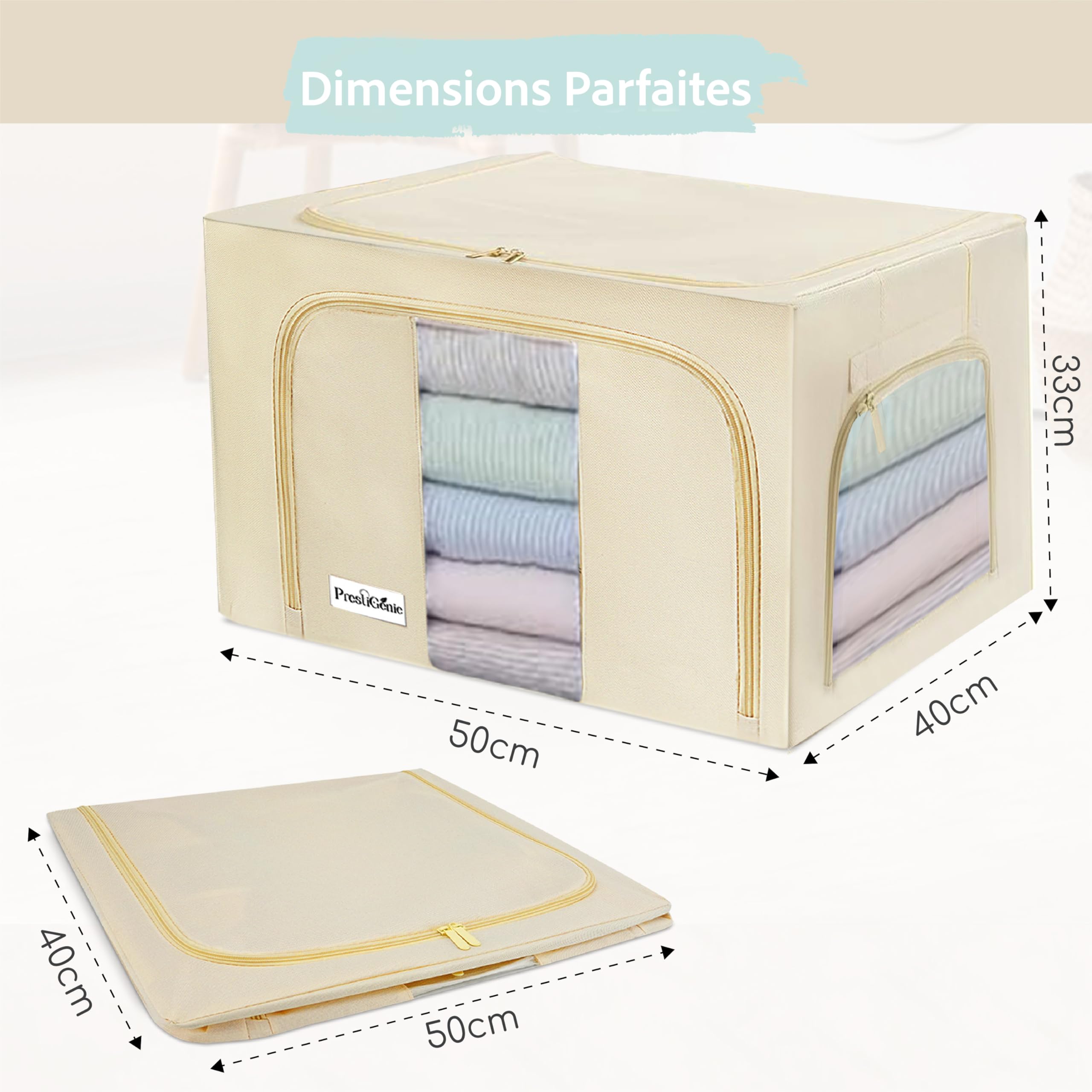 Lot de 3x 66L Sac de rangement vetement penderies rigide en tissu - Organisateur vetement - Boite de rangement vetement Couverture et oreiller avec Fenêtre transparente