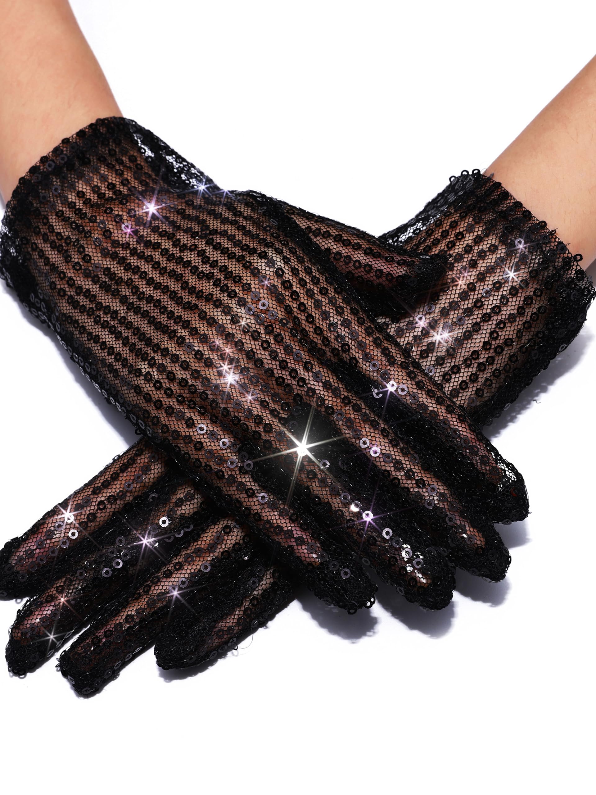 GEMILY Glitter Black Sequin Gloves Wrist Short Gloves Cosplay Shiny Tea Party Rave Costumes Accessories for Women