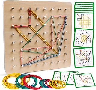 Wooden Geoboard Mathematical Manipulative Material Array Block Geo Board Montessori Graphical Educational Toys with Pattern Cards and Rubber Bands STEM Puzzle Matrix 8x8 Brain Teaser for Kid