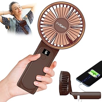 FrSara Portable Handheld Fan, Neck Fan, Mini Desk Fan, Multi-Function Fan, 4000mAh Ultra-Long Battery Life, Ultra-Quiet, 6-Speed Visual Adjustment, USB Can Charge Mobile Phones(Brown)