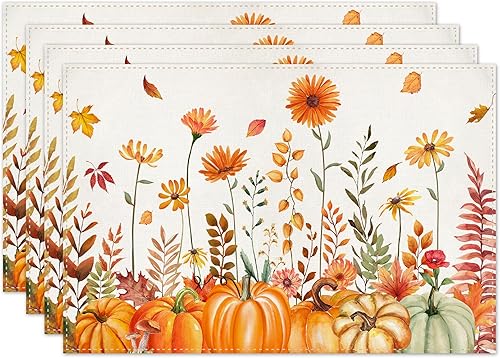 BLKWHT Manteles individuales florales de calabaza de otoño para mesa de comedor, 12 x 18 pulgadas, decoración rústica y lavable, juego de 4 manteles disponible en Yaxa Peru