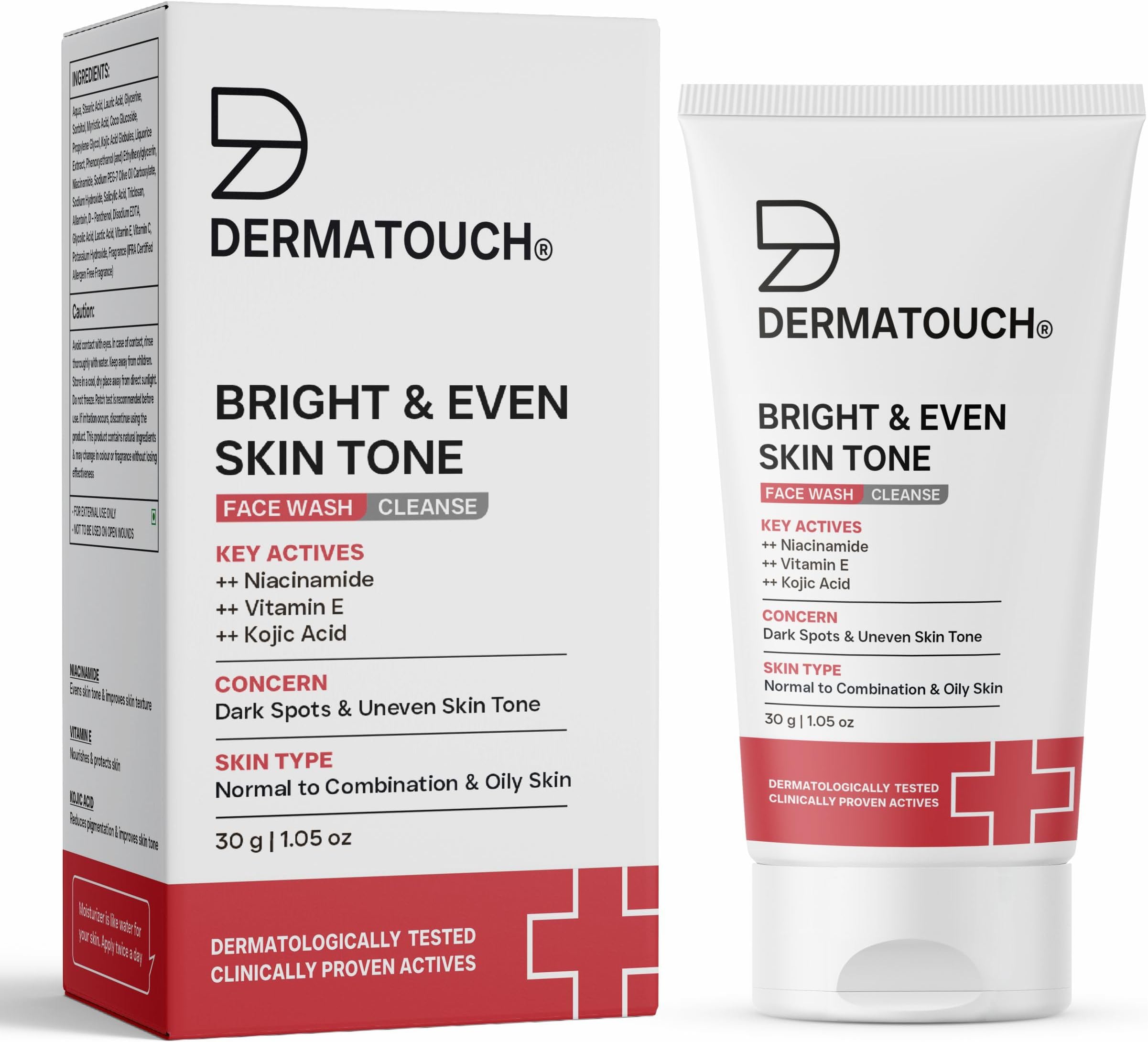 DERMATOUCH Bright & Even Tone Face Wash with Niacinamide, Vitamin E and Kojic Acid | Daily Gentle Face Wash For Tan, Pigmentation, Uneven Tone | 30g