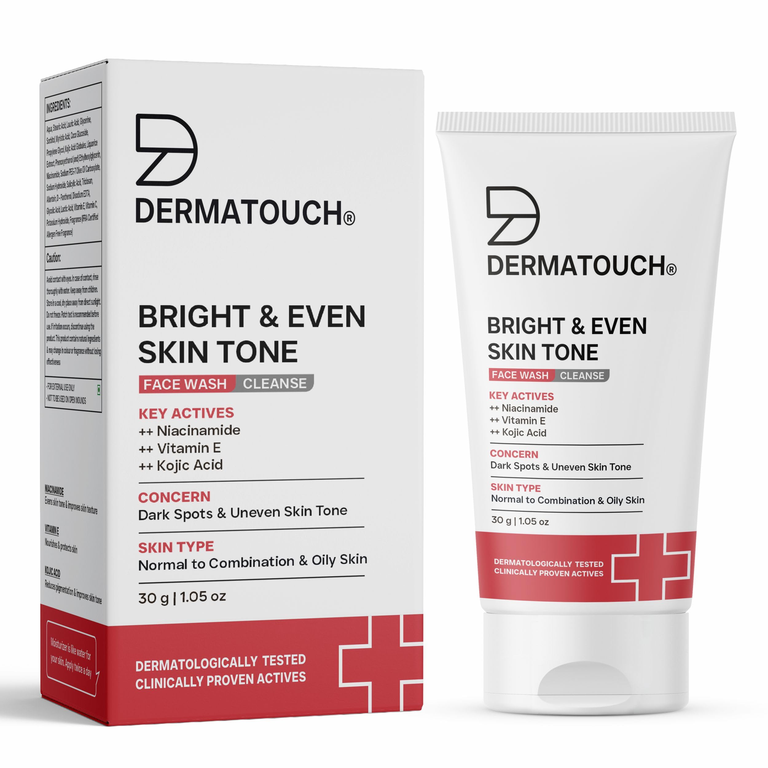 DERMATOUCH Bright & Even Tone Face Wash with Niacinamide Vitamin E and Kojic Acid | Daily Gentle Face Wash For Tan, Pigmentation, Uneven Tone - 30G