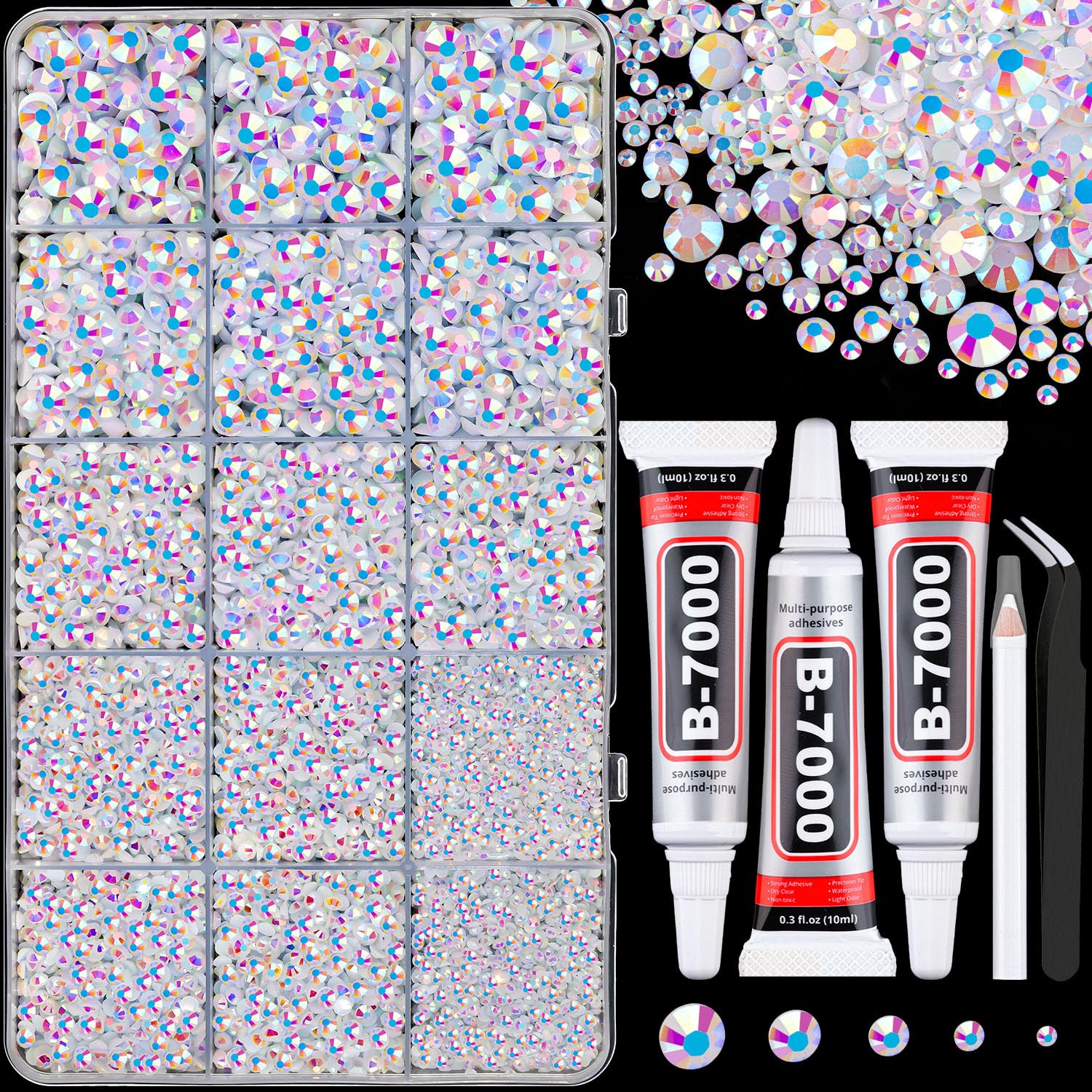 16000Pcs Resin Jelly Rhinestones for Crafting, White AB Non Hotfix Flatback Gems, Bedazzling Crystal with 3Pcs 10ml B7000 Jewelry Glue for DIY Crafts Clothing Tumblers Shoes Fabric Nail Art