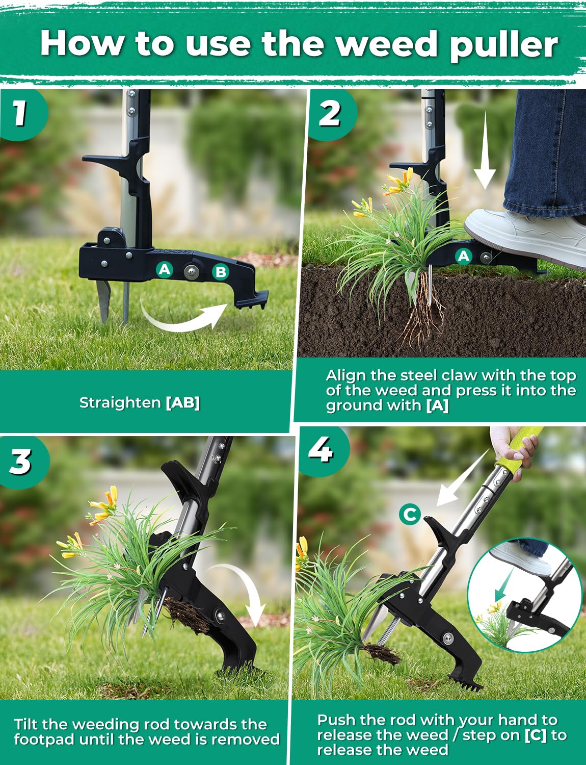 YISSVIC Weed Puller Stand-up Weed Removal Tool Stainless Steel 4-Claw with Foot Pedal, Telescopic Root Remover for Garden, Adjustable D-Shaped Non-Slip Handle — view 9