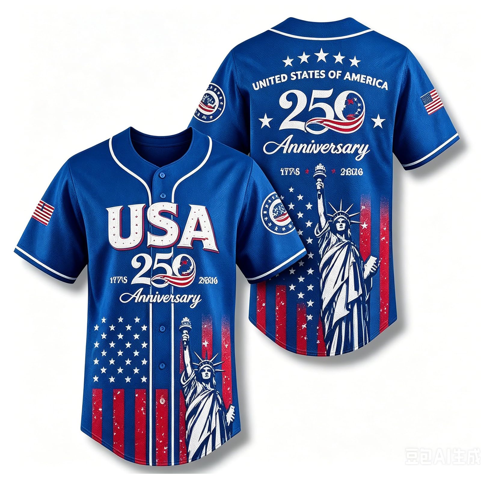 Aoukp Unisex Blue Usa 250Th Anniversary Baseball Jersey, Patriotic Flag Statue Of Liberty Button Shirt, Breathable Mesh Shirt (,4Xl)