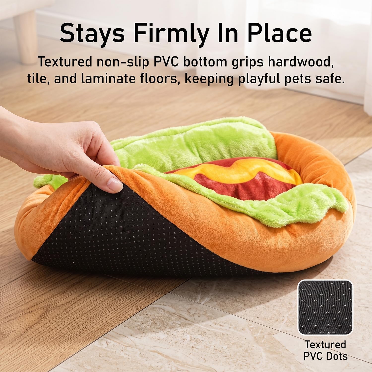 Hot Dog Haustierbett für kleine Hunde, Neuheit Plüsch weiche Matte mit rutschfester Unterseite, abnehmbar & waschbar, ideal für Dackel und andere kleine Haustiere