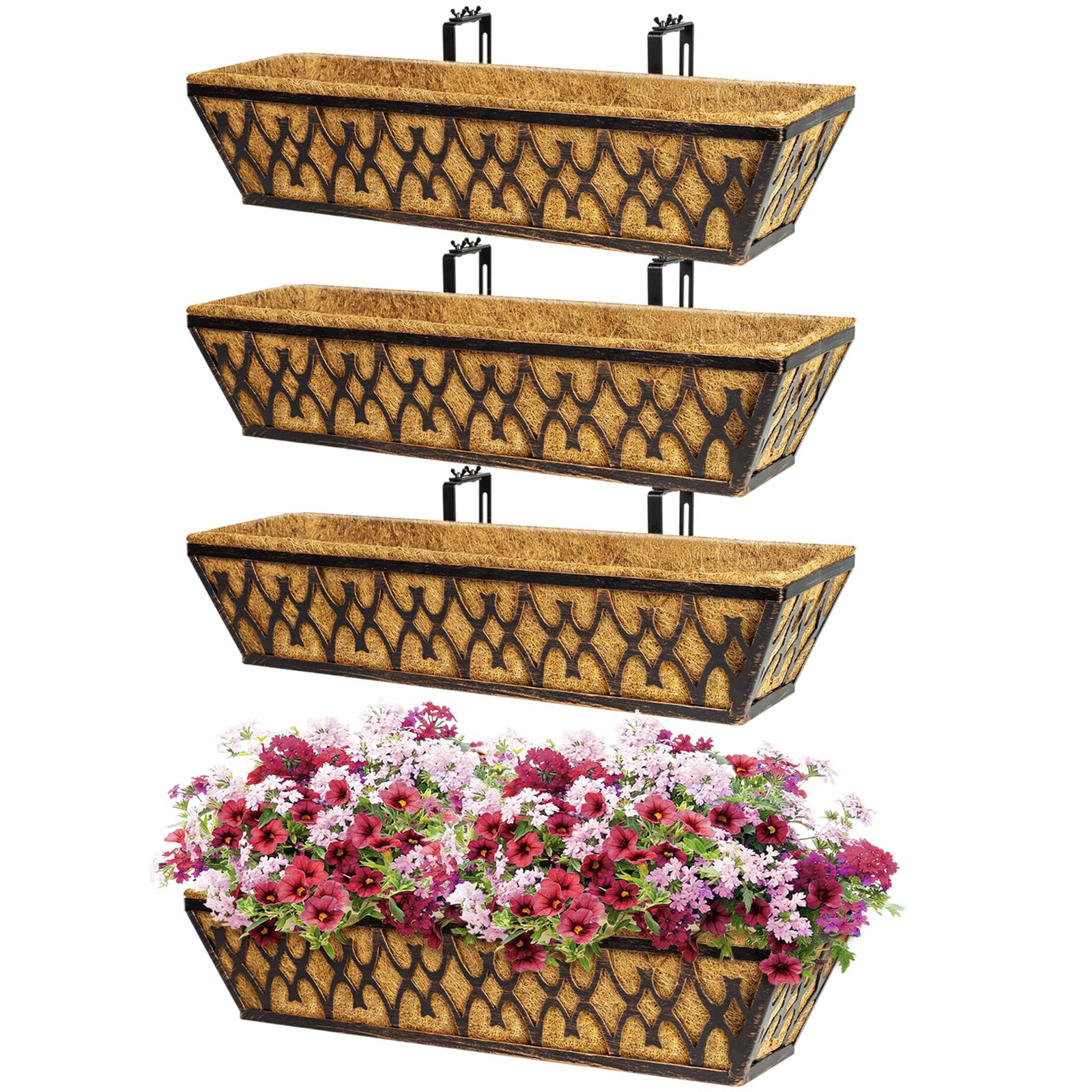 4 Pack 24 Inch Window Boxes Planters Railing Planter Box with Adjustable Brackets for Porch Fence Patio Balcony Hanging Flower Baskets with Coco Liners for Outdoor Garden Decor - Bronze
