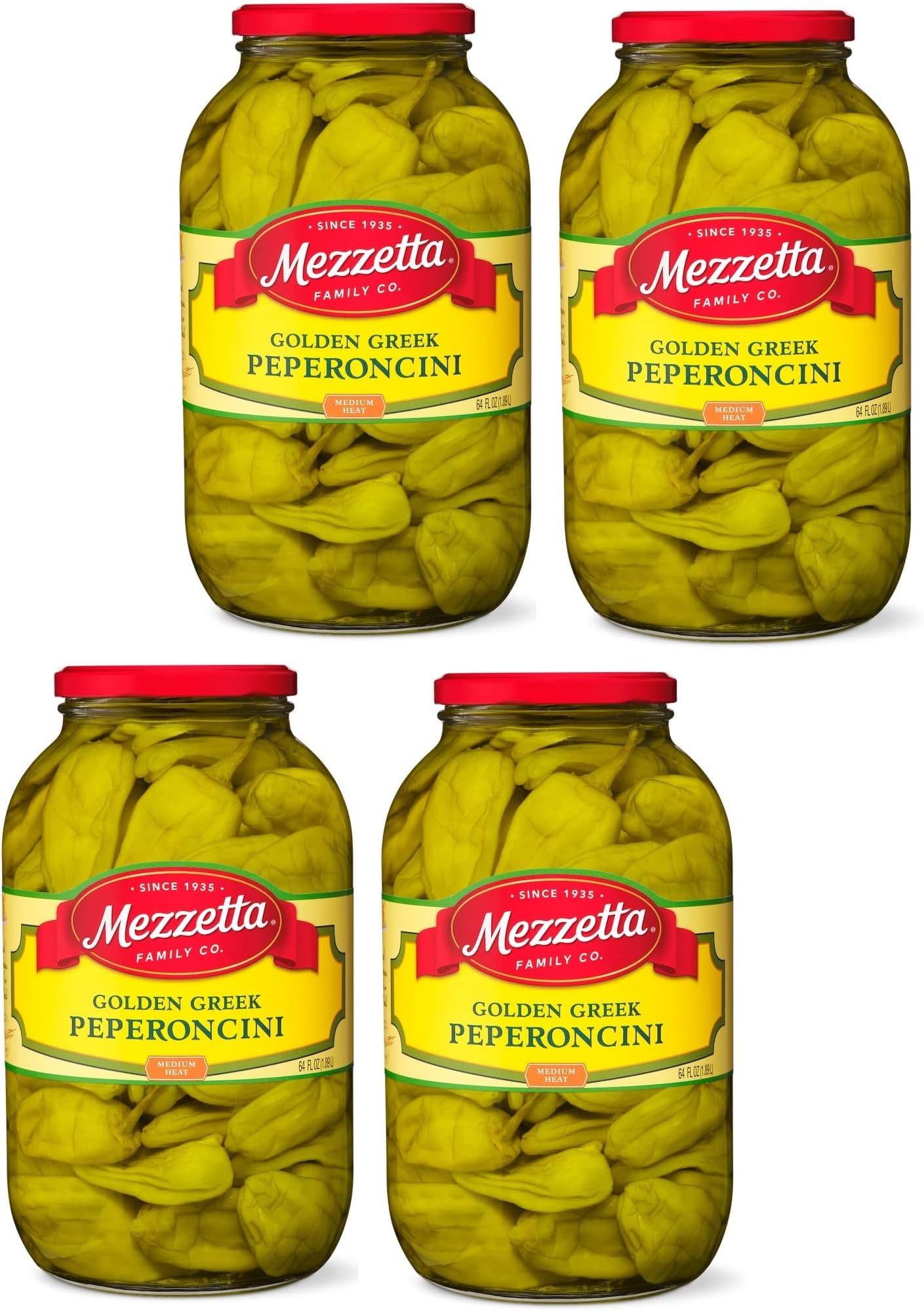 Mild Golden Greek Peperoncini Pickles 4 JARS of 32 fl Oz (946 ml.) Kosher By Mezzetta