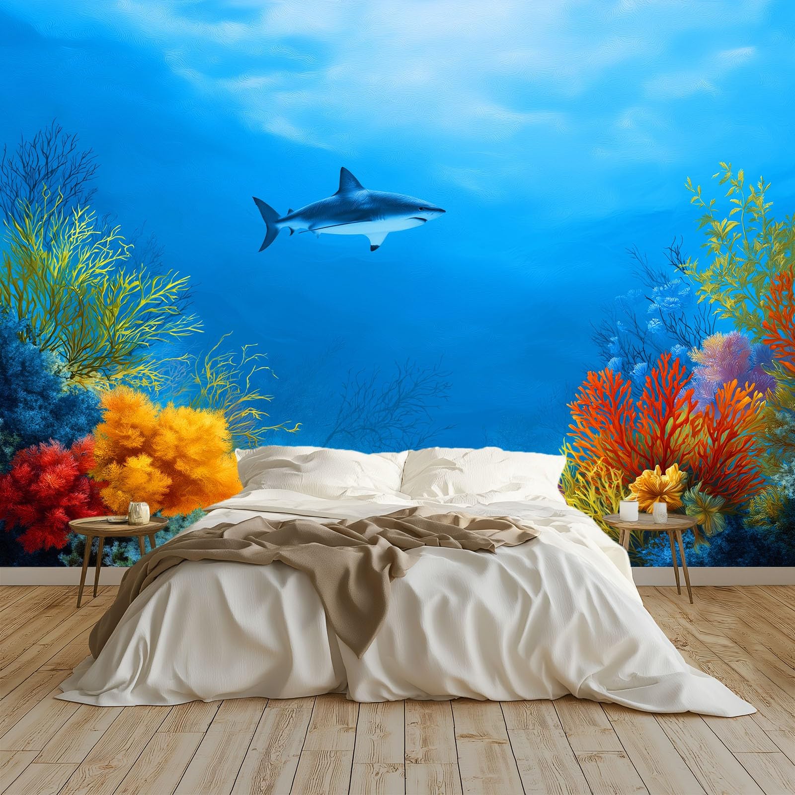 Genérico 300 x 210 cm, papel pintado panorámico azul, papel pintado fotográfico no tejido, revestimiento de pared, decoración de salón, para dormitorio, efecto 3D, acuario, animales peces