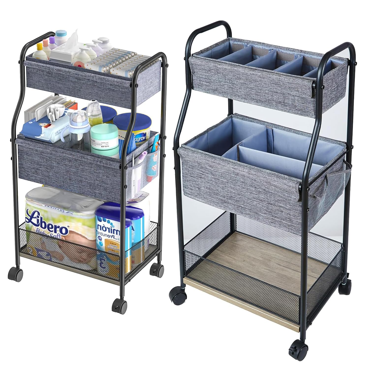 3-Tier Baby Diaper Caddy Organizer and Storage Cart with 4+2 Dividers, Mobile Metal Utility Cart with Rolling Wheels for Nursery Essentials, Large Capacity Rolling Cart for Crib, Bedroom, Bathroom