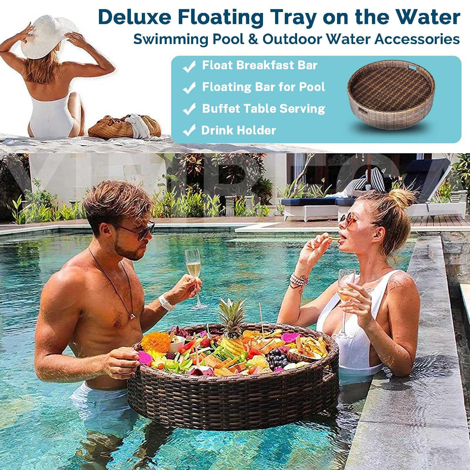 Vassoio Galleggiante in Rattan per Piscina con Manici, Vassoio Galleggiante per Bevande e Snack, Vassoio Galleggiante per Piscina, Accessori per Piscina, Decorazioni per Spiaggia e Feste.